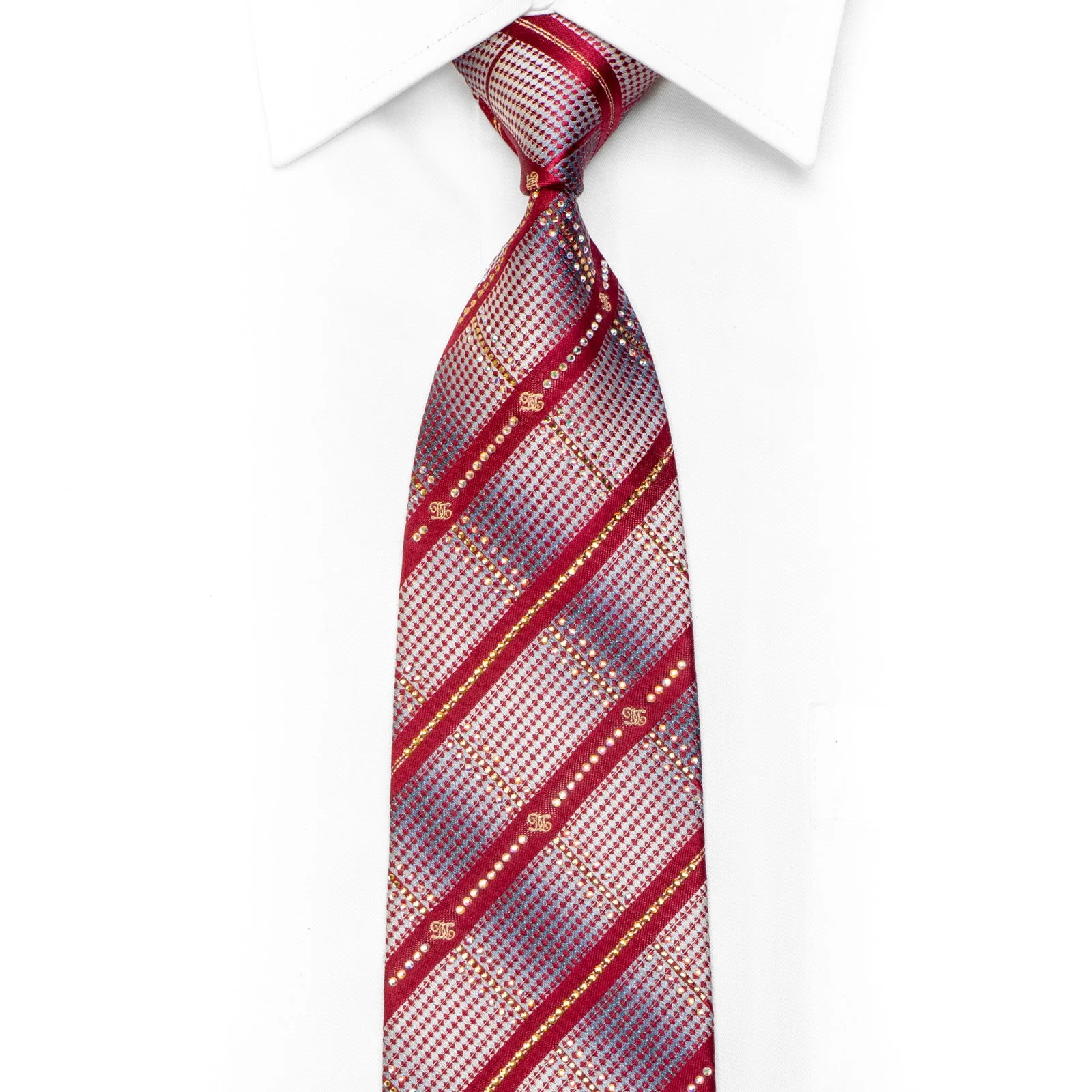 Rhinestone Silk Necktie Silver Burgundy Striped With Sparkles