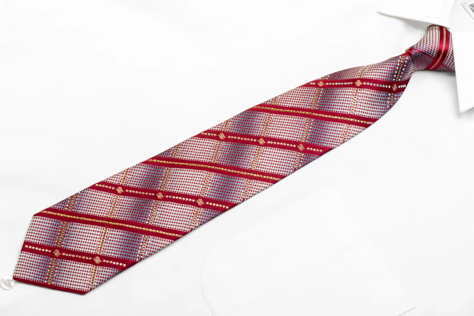 Rhinestone Silk Necktie Silver Burgundy Striped With Sparkles - Image 3