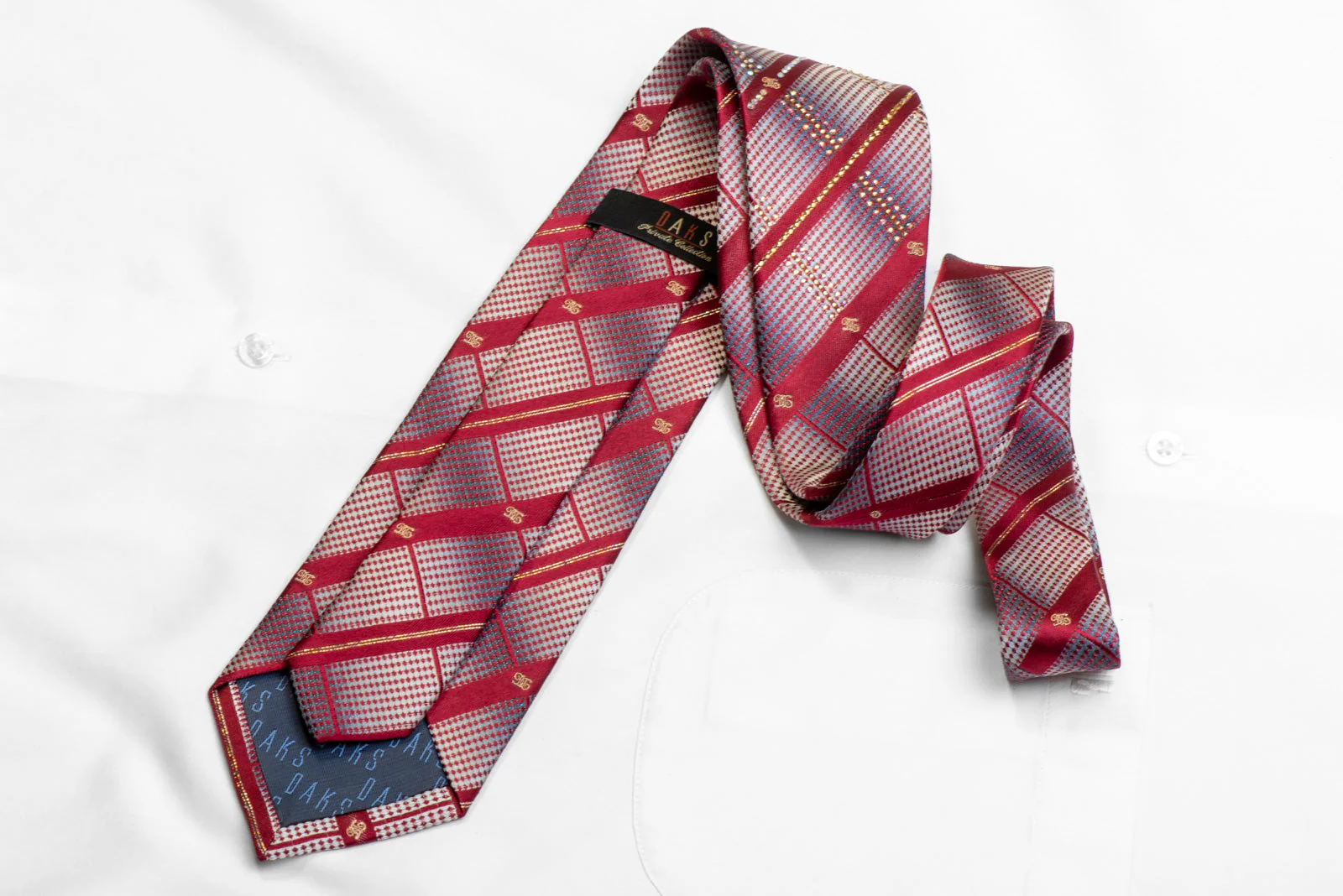 Rhinestone Silk Necktie Silver Burgundy Striped With Sparkles - Image 4