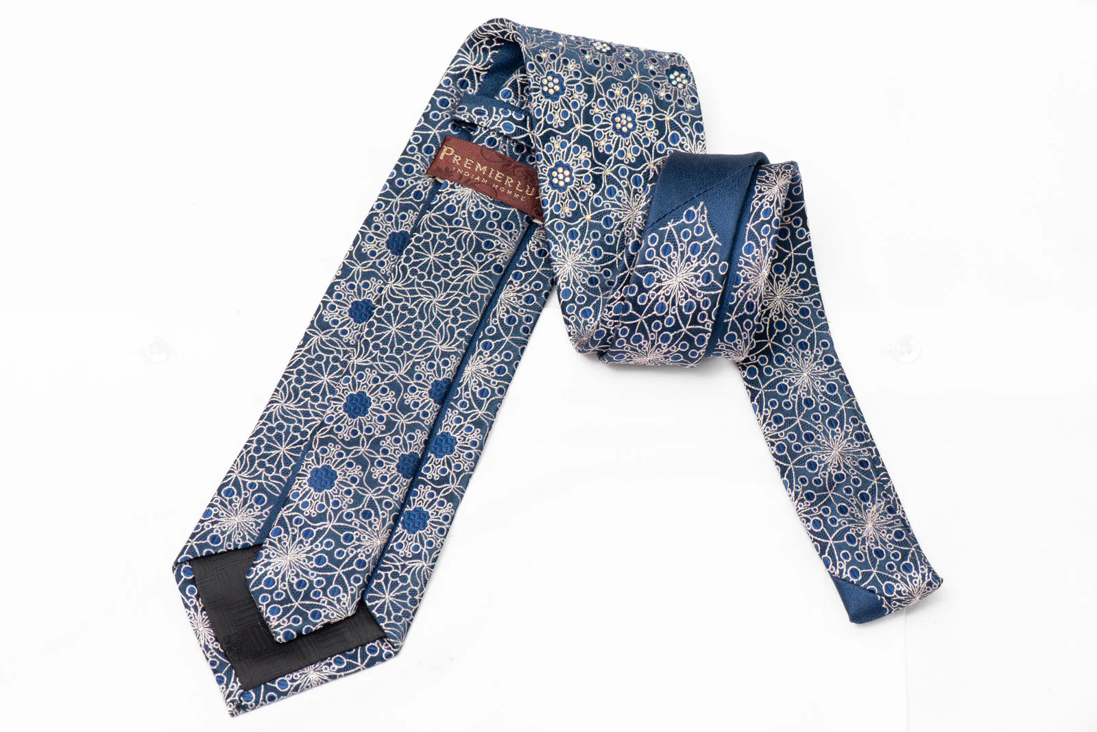 Rhinestone Silk Necktie - Silver Floral Trellis on Navy Blue - Image 3
