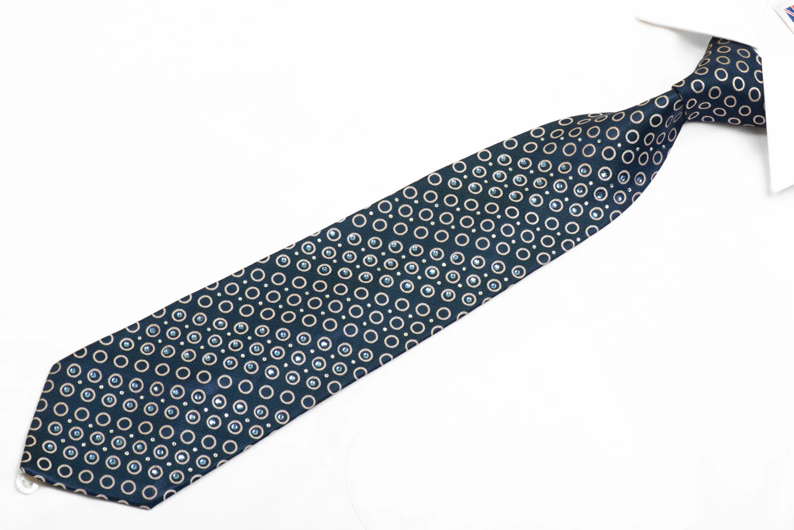 Rhinestone Silk Necktie Silver Geometric Circles On Blue - Image 3