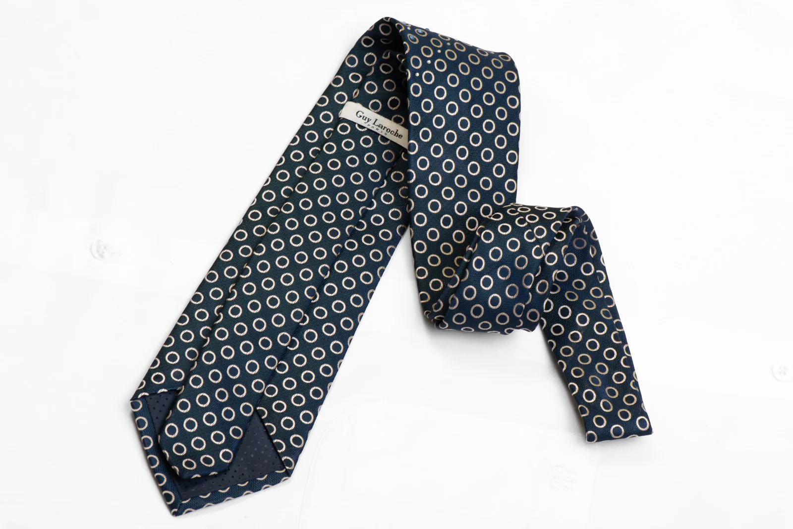 Rhinestone Silk Necktie Silver Geometric Circles On Blue - Image 4