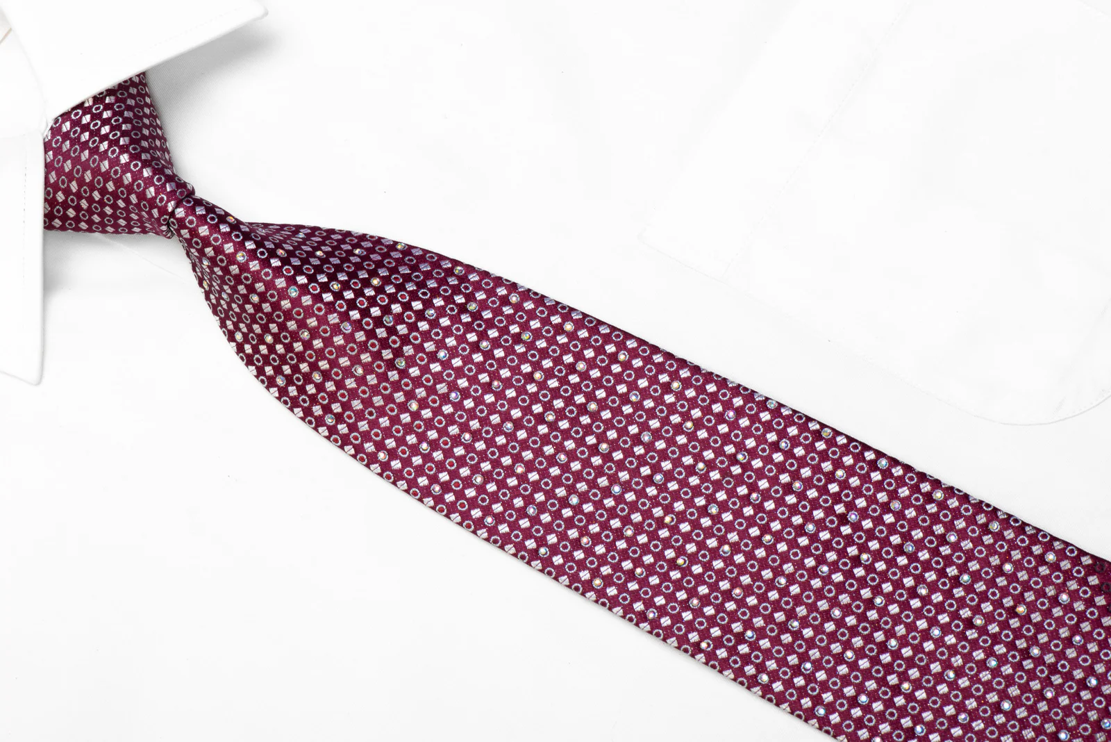 Rhinestone Silk Necktie Silver Geometric On Burgundy With Silver Sparkles - Image 2