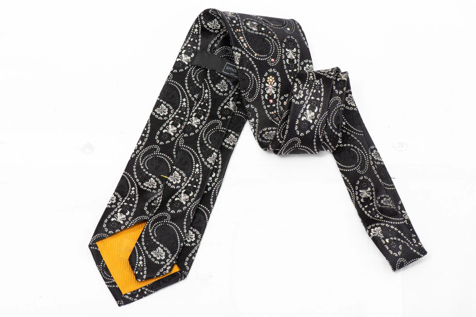 Rhinestone Silk Necktie Silver Paisley On Black with Gold Crystal Accents - Image 3