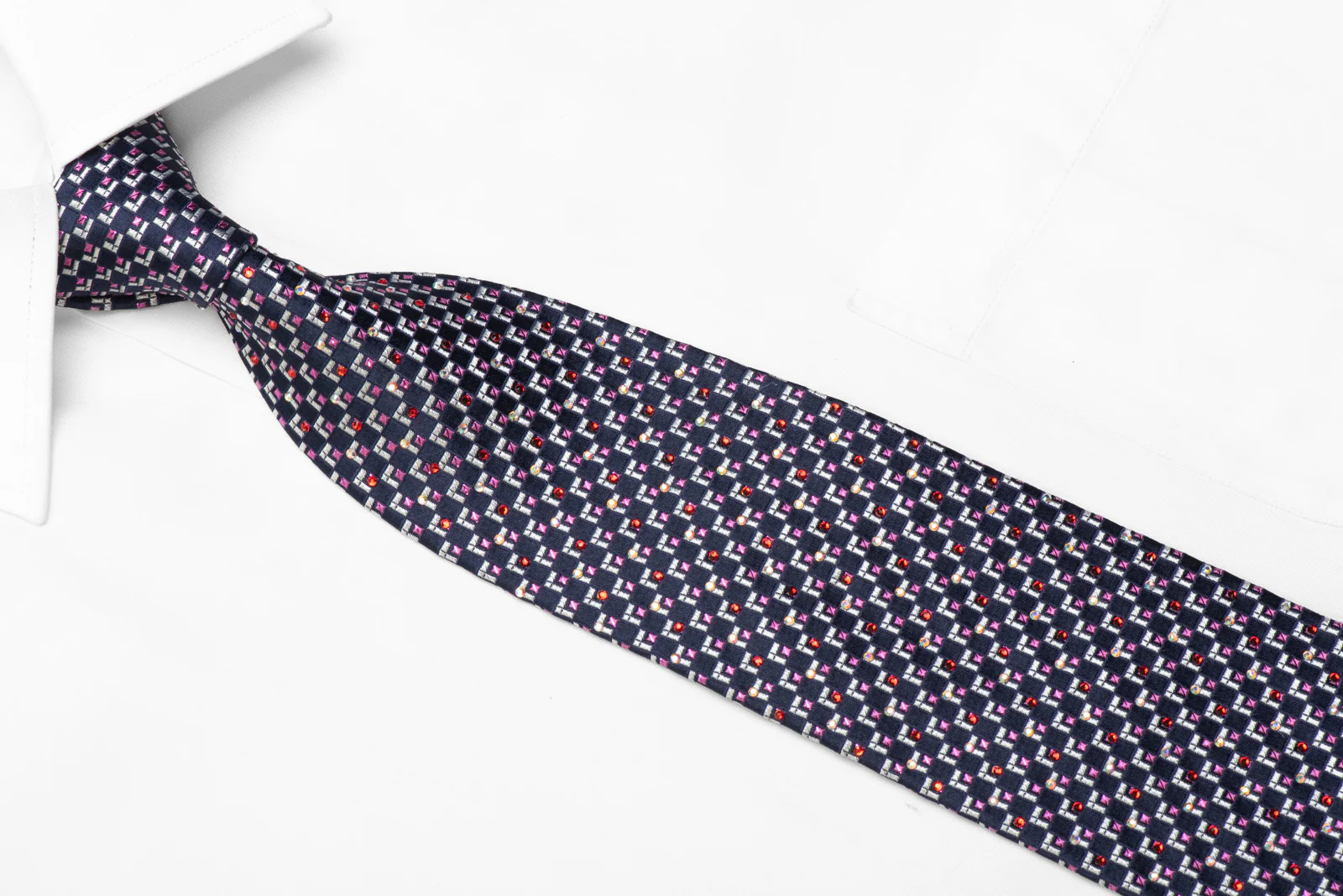 Rhinestone Silk Necktie Silver Pink Geometric On Navy With Purple Sparkles - Image 2