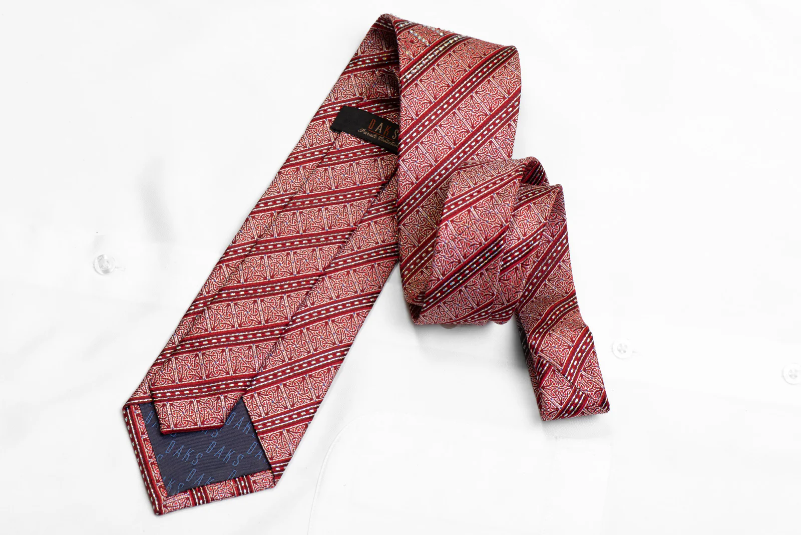 Rhinestone Silk Necktie Striped Cartouche On Red Burgundy With Sparkles - Image 4