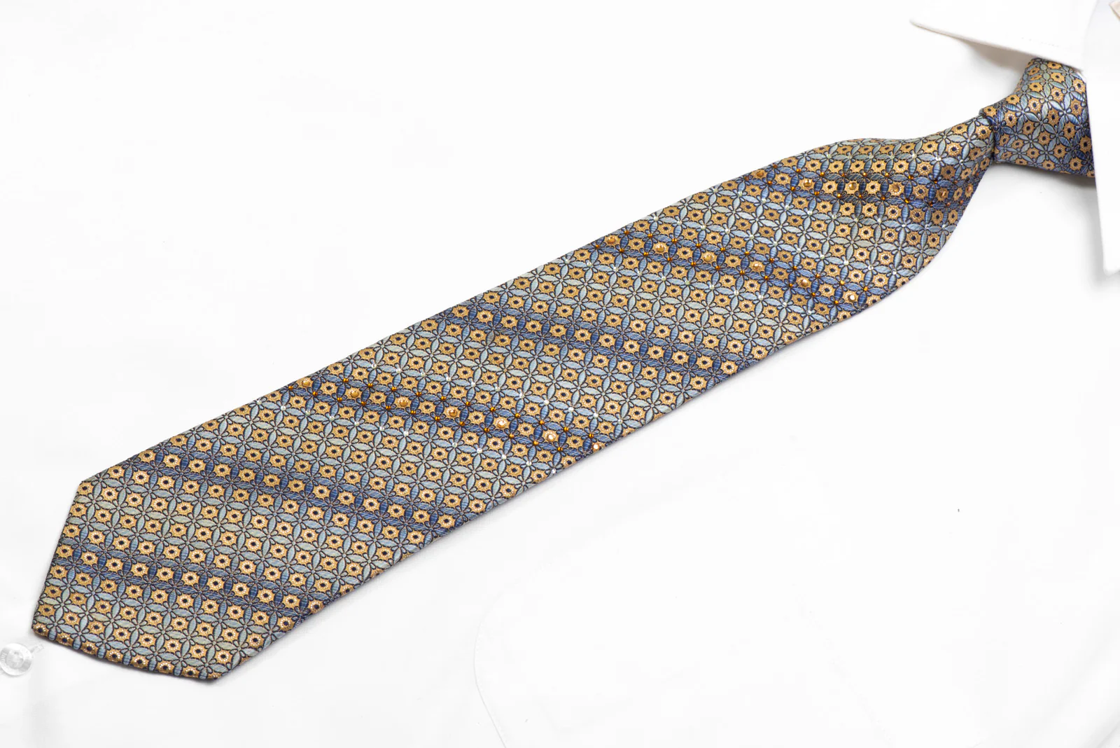 Rhinestone Silk Necktie Yellow Geometric On Blue With Silver Sparkles - Image 3