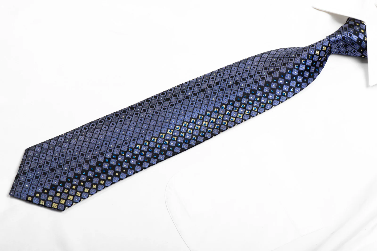 Rhinestone Silk Tie Blue Navy Silver Geometric With Rhinestones & Silver Sparkles - Image 3