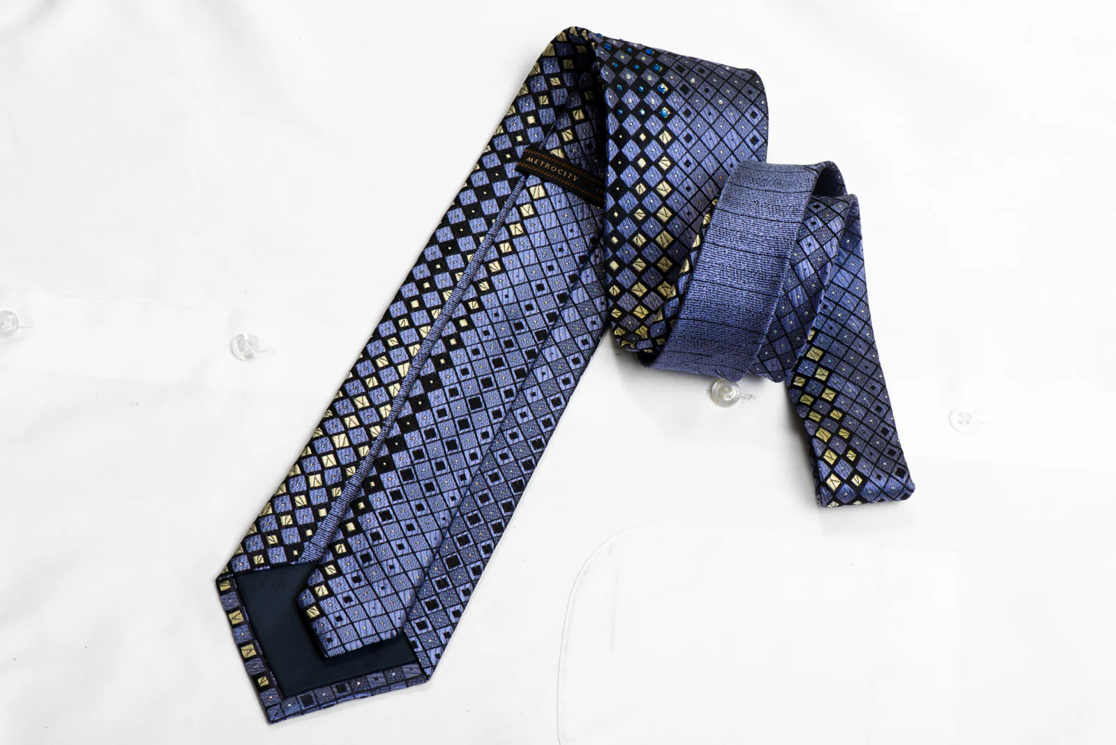 Rhinestone Silk Tie Blue Navy Silver Geometric With Rhinestones & Silver Sparkles - Image 4