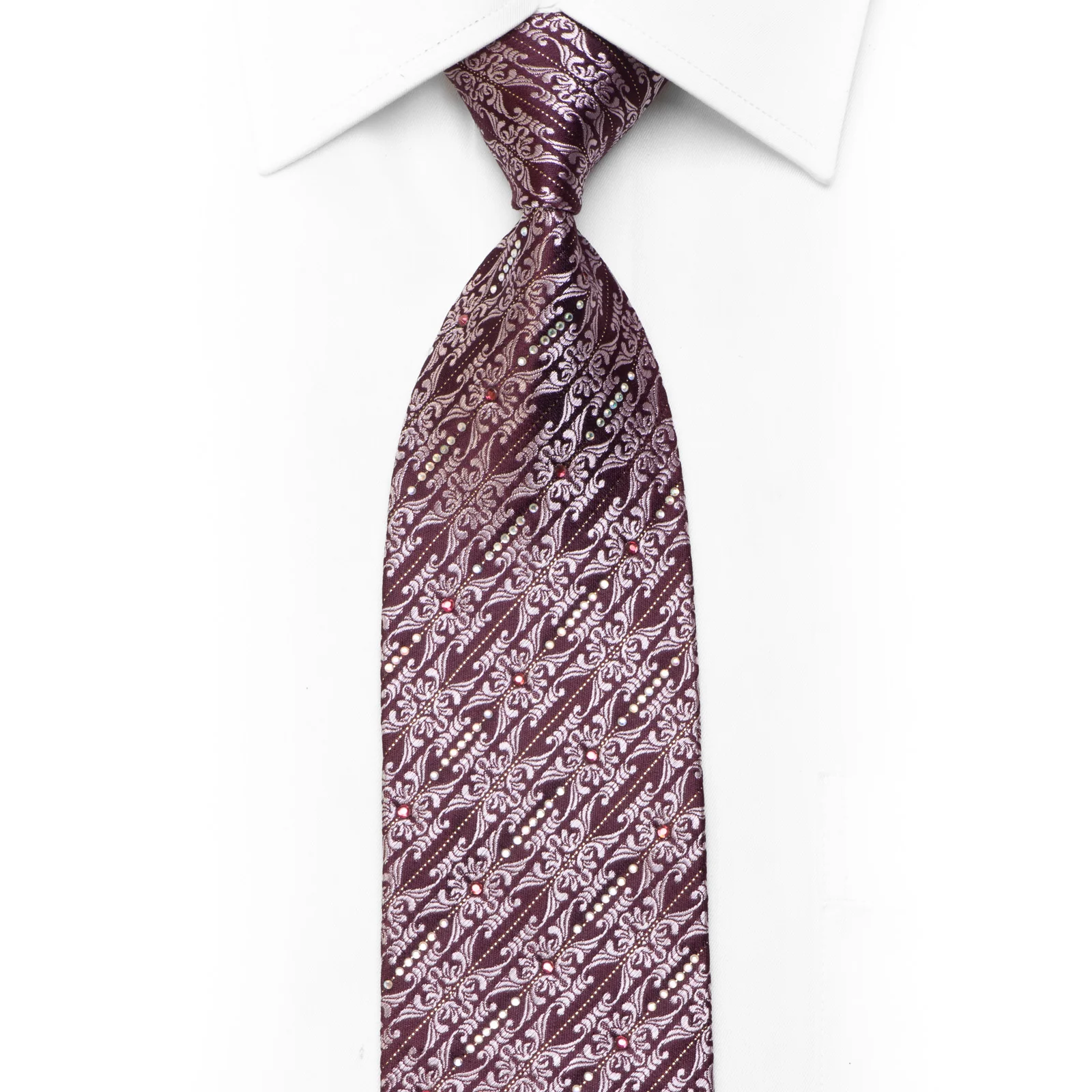 Rhinestone Silk Tie Cartouche On Burgundy With Silver Sparkles