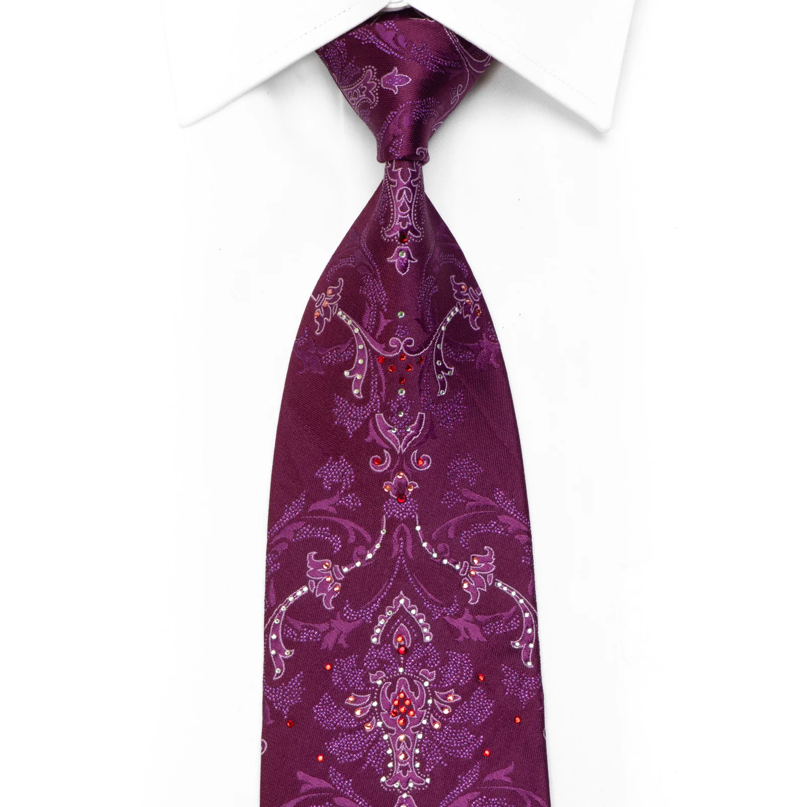 Rhinestone Silk Tie Damask On Purple With Purple Sparkles