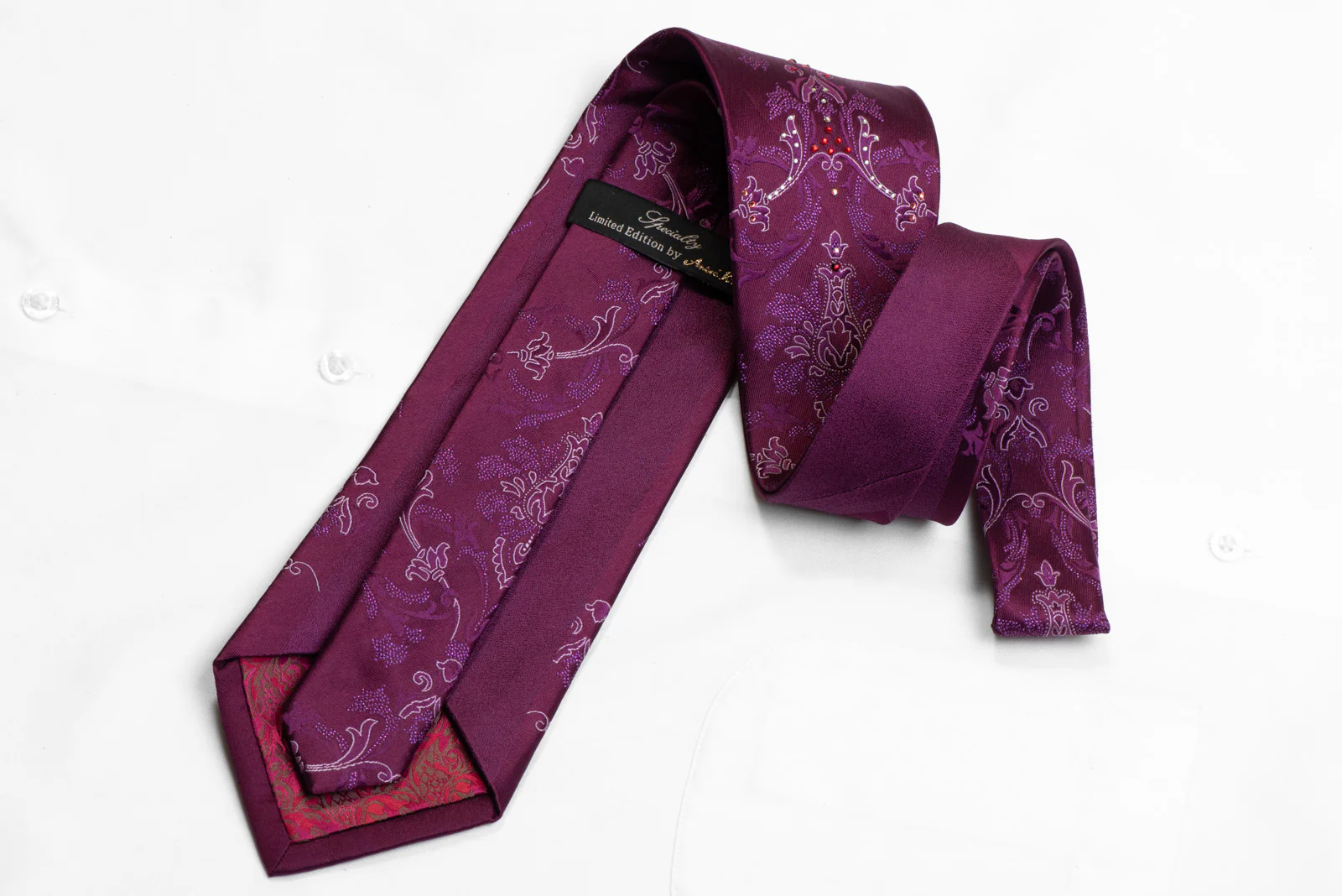 Rhinestone Silk Tie Damask On Purple With Purple Sparkles - Image 4