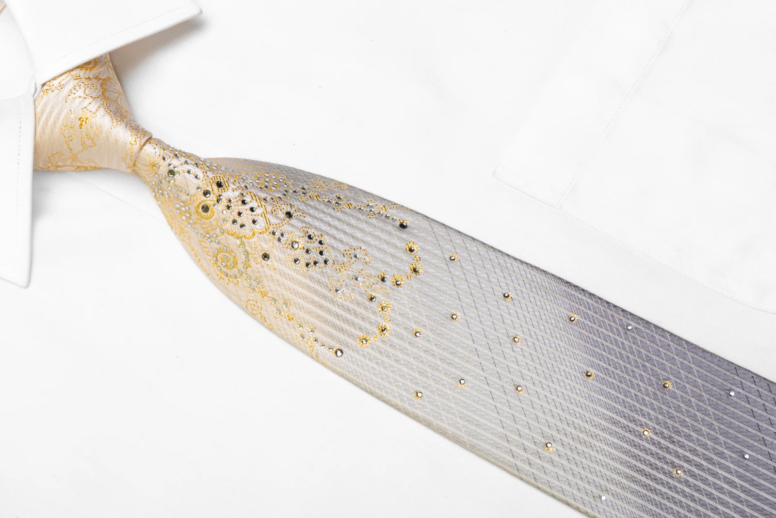 Rhinestone Silk Tie Gold Damask On Silver With Sparkles - Image 2