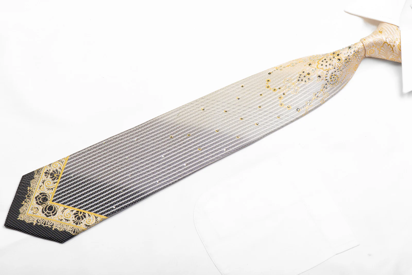Rhinestone Silk Tie Gold Damask On Silver With Sparkles - Image 3