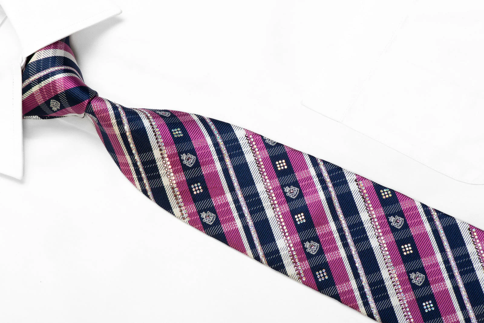 Pink Navy Silver Plaid Rhinestone Silk Tie With Silver Sparkles - Image 2