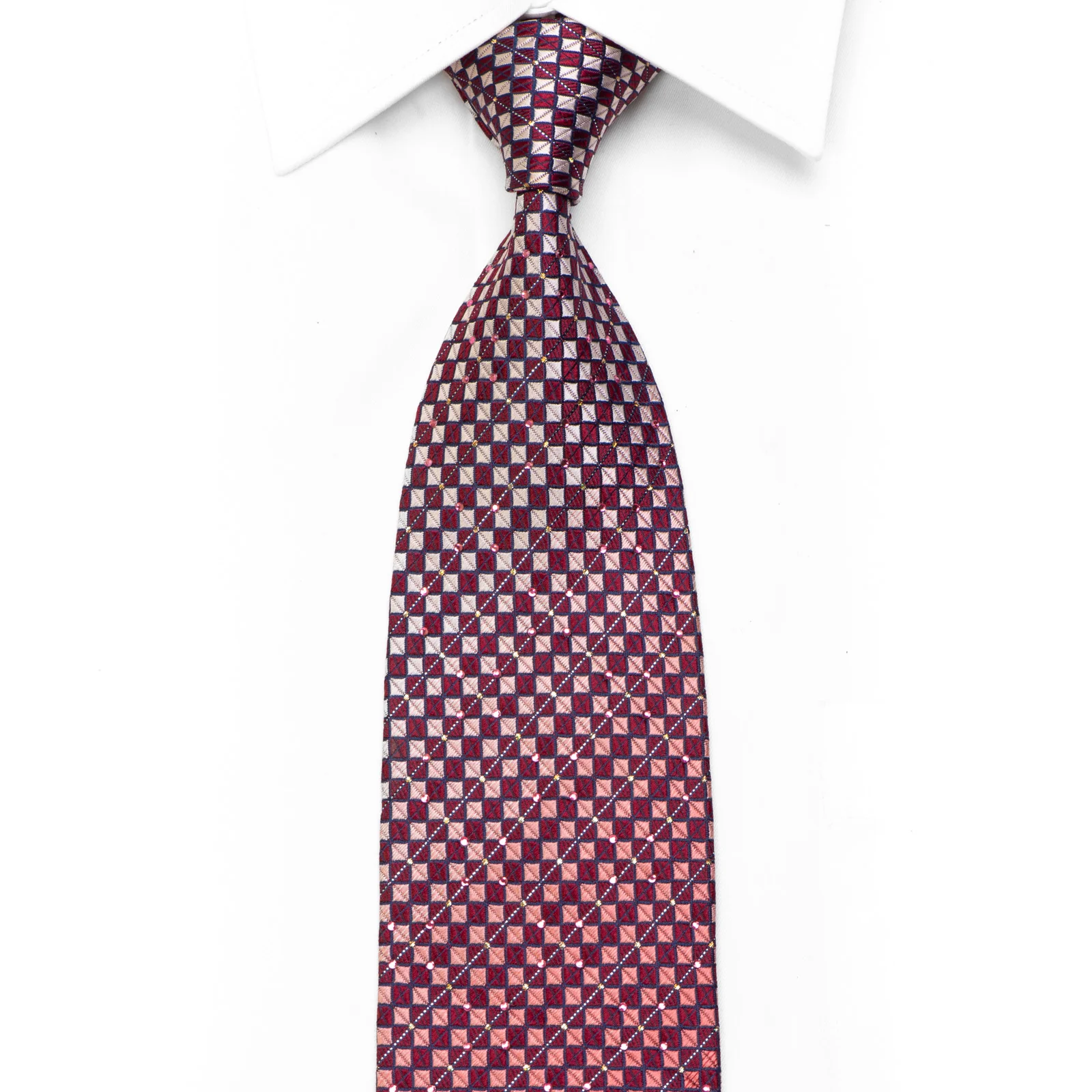 Rhinestone Silk Tie Silver Burgundy Navy Checkered With Silver Sparkles