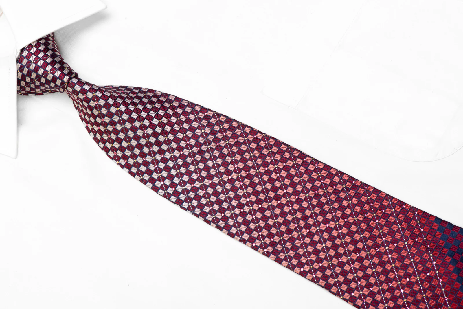 Rhinestone Silk Tie Silver Burgundy Navy Checkered With Silver Sparkles - Image 2