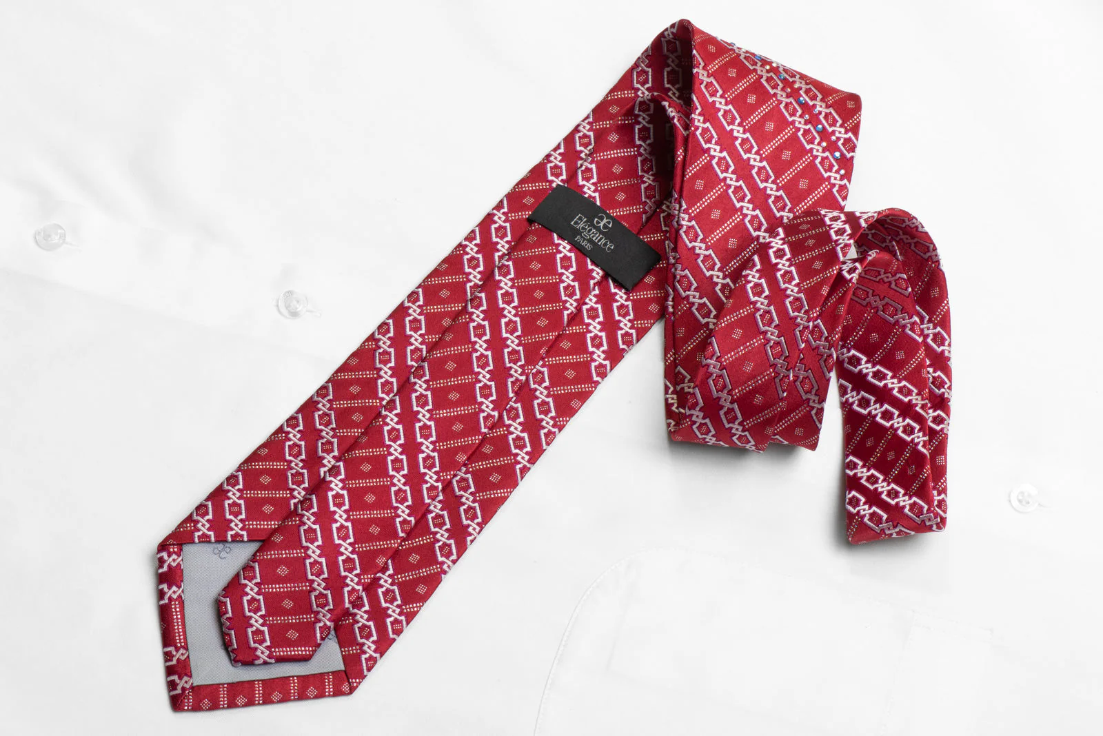 Rhinestone Silk Tie Silver Interlocking Striped Pattern On Red With Sparkles - Image 4