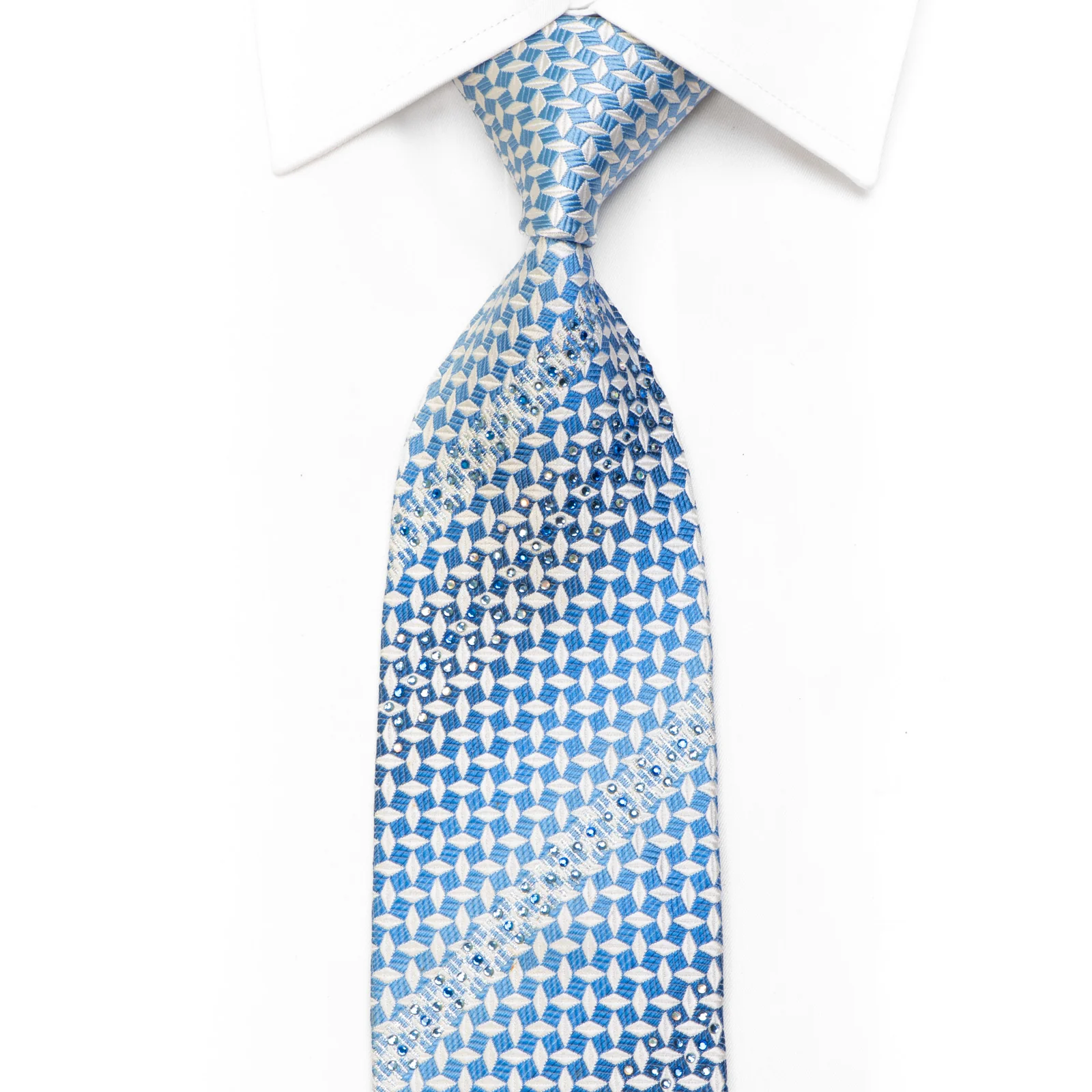 Rhinestone Silk Tie White Blue Geometric With Silver Sparkles