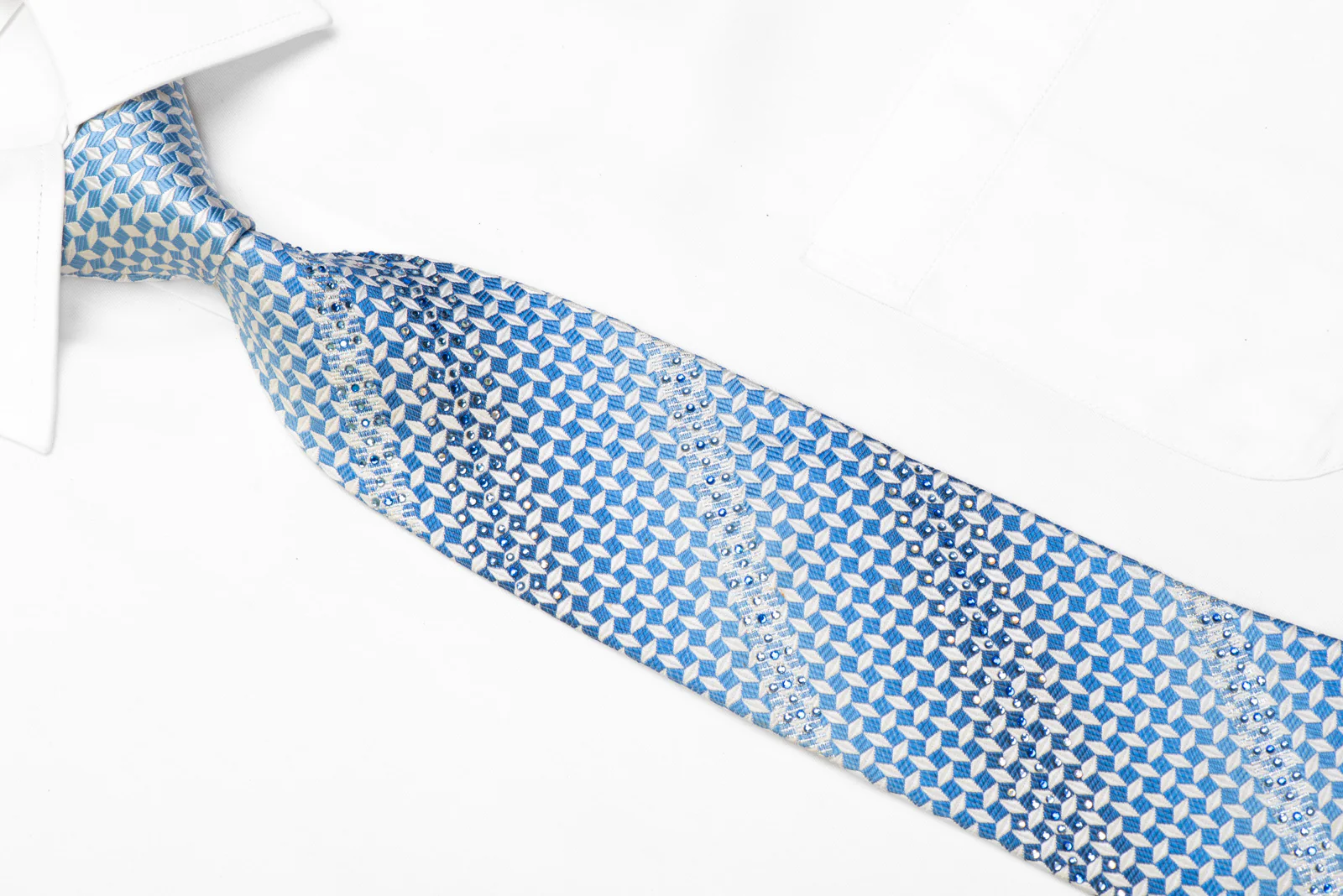 Rhinestone Silk Tie White Blue Geometric With Silver Sparkles - Image 2