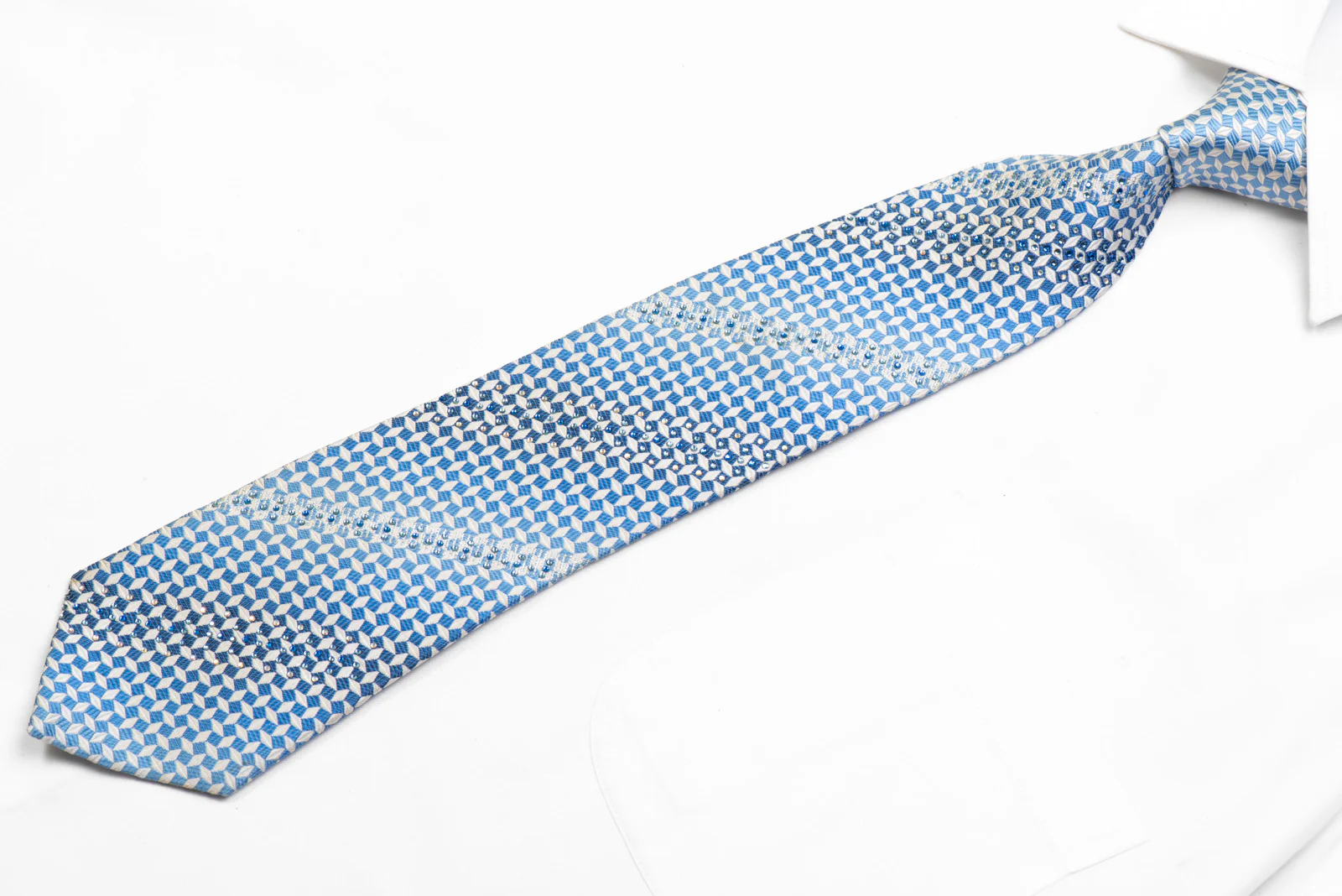 Rhinestone Silk Tie White Blue Geometric With Silver Sparkles - Image 3