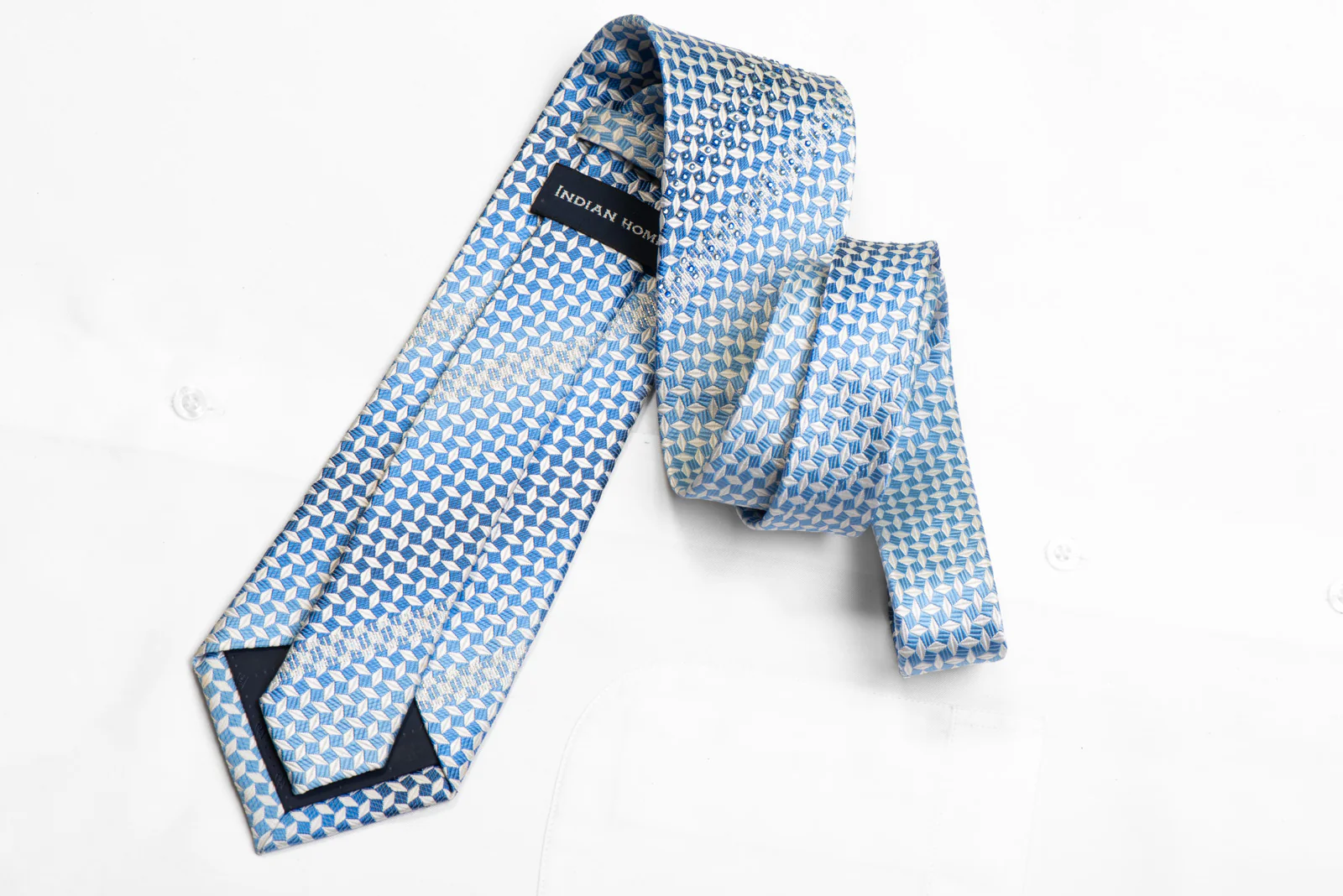 Rhinestone Silk Tie White Blue Geometric With Silver Sparkles - Image 4