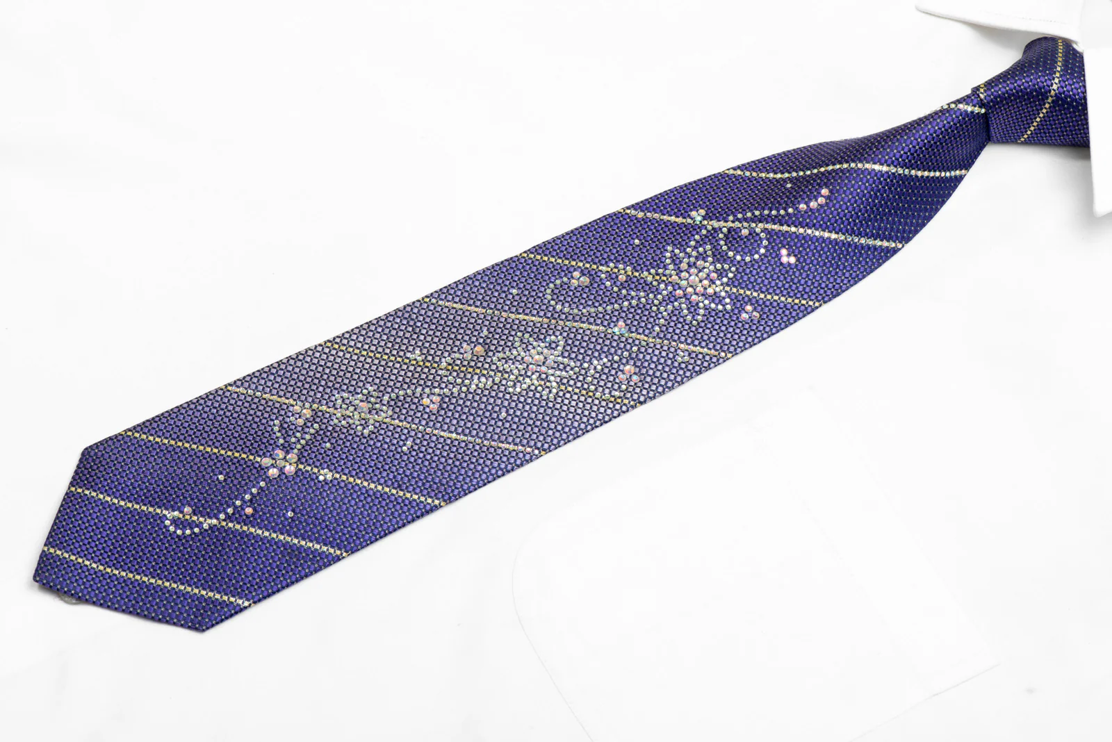 Rhinestone Striped Floral On Mauve Blue Silk Tie With Silver Sparkles - Image 3