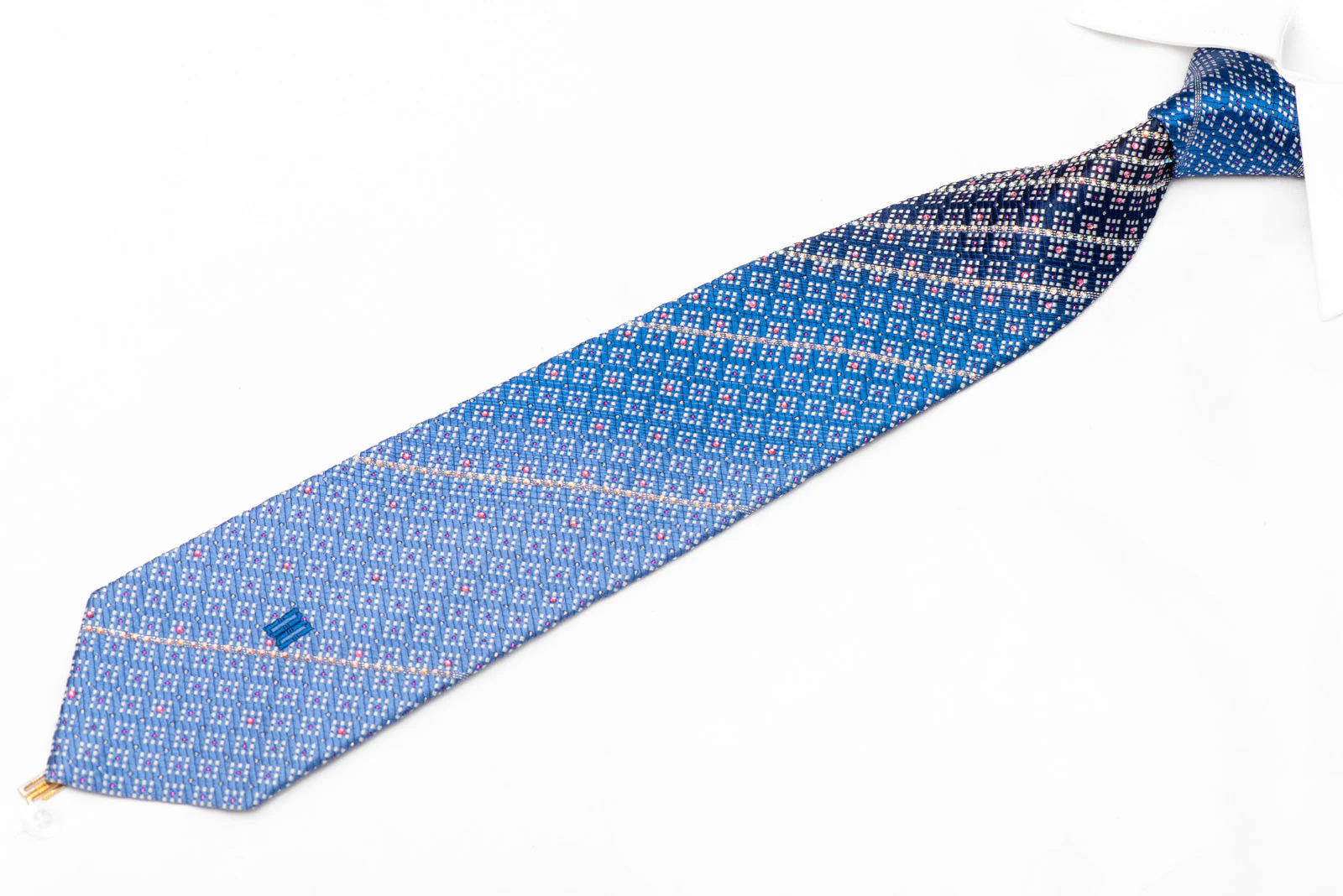 Rhinestone Striped & Silver Micro Checker On Blue Silk Silk Necktie With Sparkles - Image 2
