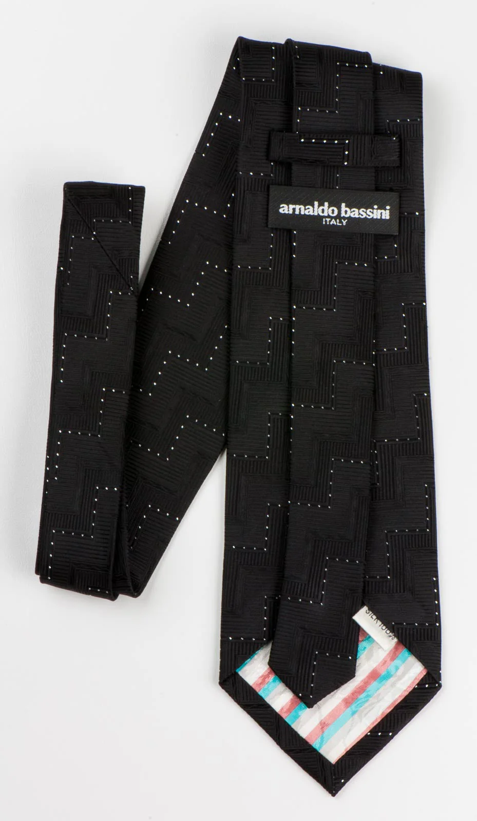 Rhinestone Tie By Arnaldo Bassini Zig Zags On Black Silk With Silver Sparkles - Image 4