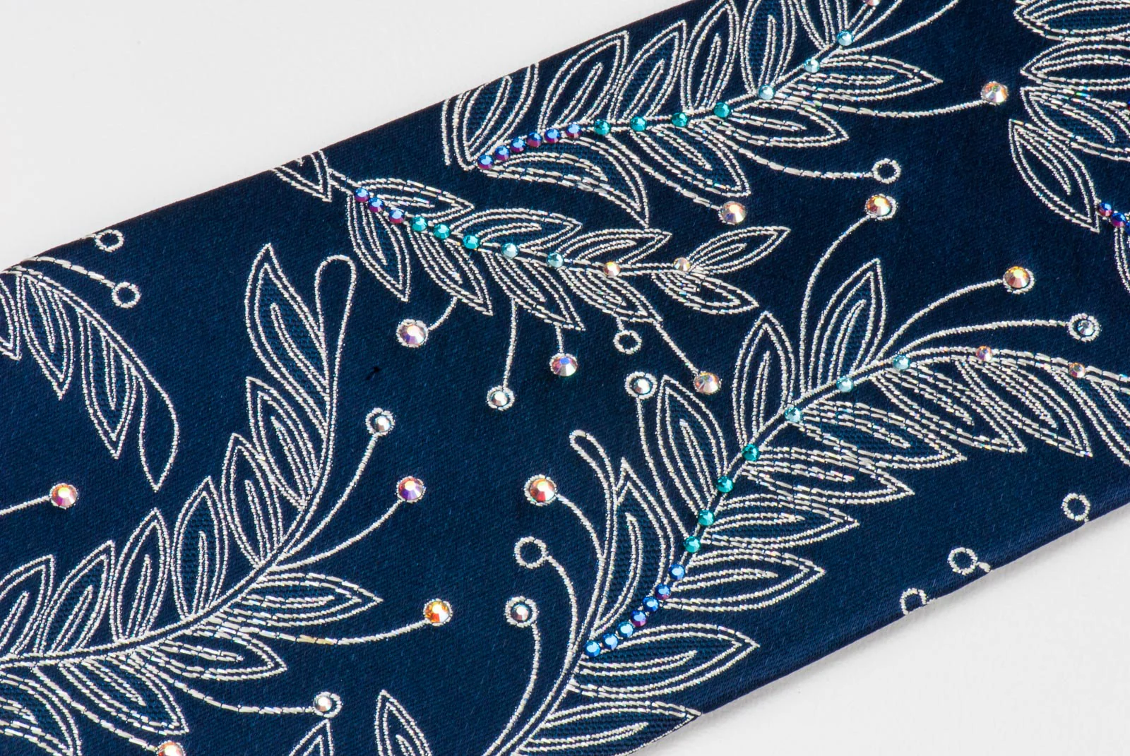 Floral On Navy Blue Rhinestone Silk Tie With Silver Sparkles - Image 3