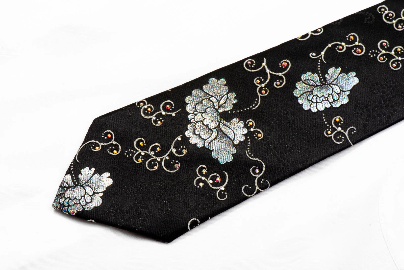 Roberta di Camerino Crystal Rhinestone Tie Silver Floral On Black - Image 4