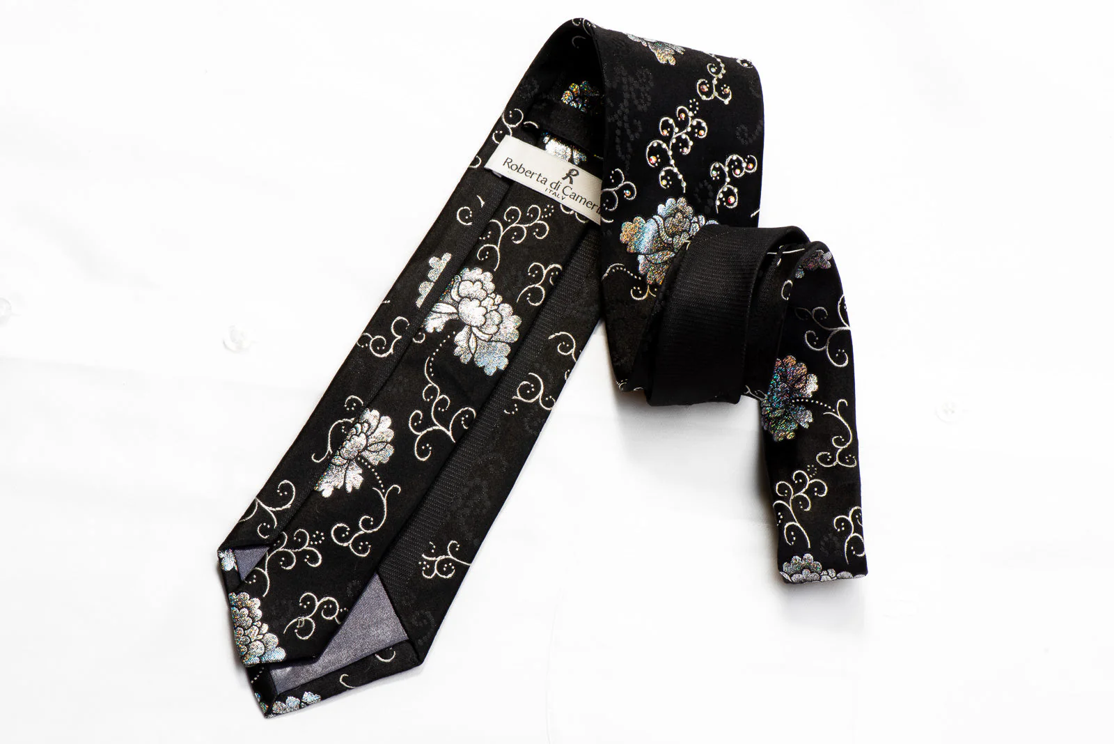 Roberta di Camerino Crystal Rhinestone Tie Silver Floral On Black - Image 5