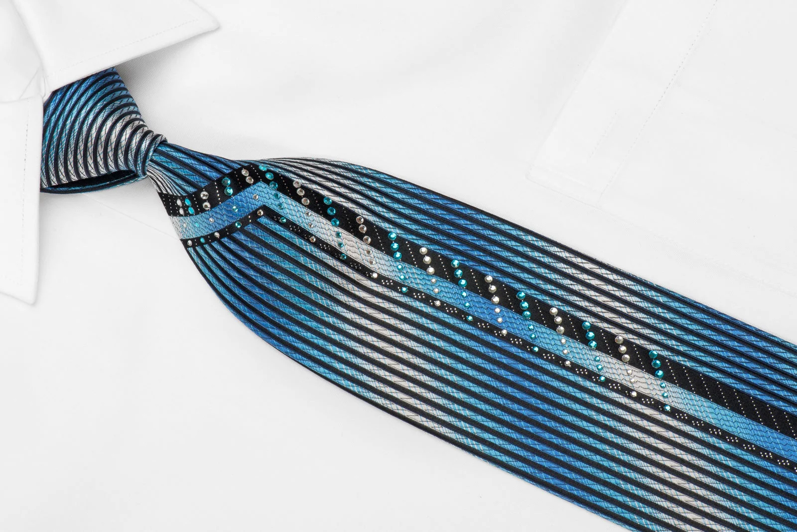Roberta di Camerino Men's Crystal Sild Tie Blue Vertical Stripes On Black With Silver Sparkles - Image 2