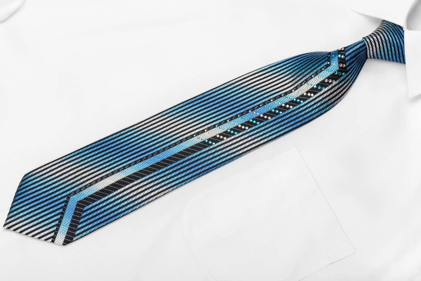 Roberta di Camerino Men's Crystal Sild Tie Blue Vertical Stripes On Black With Silver Sparkles - Image 3