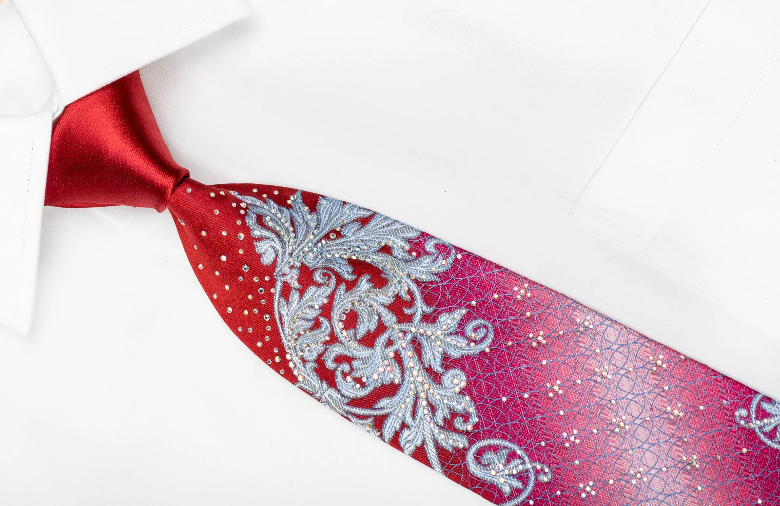 Roberta di Camerino Men's Crystal Tie Silver Acanthus On Red Silk With Silver Sparkles - Image 2