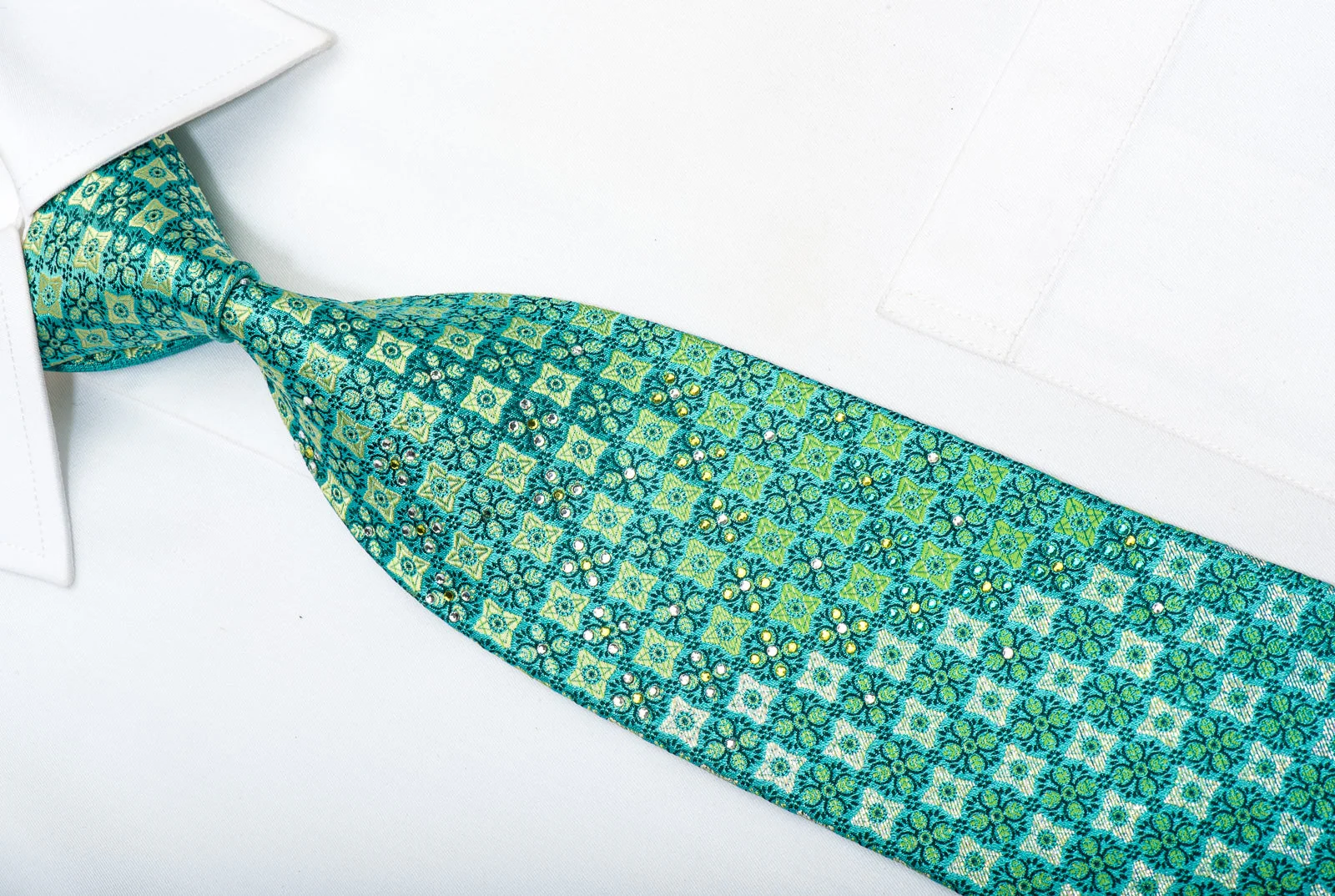 Roberta di Camerino Men's Rhinestone Silk Necktie Cartouche On Turquoise With Silver Sparkles - Image 2