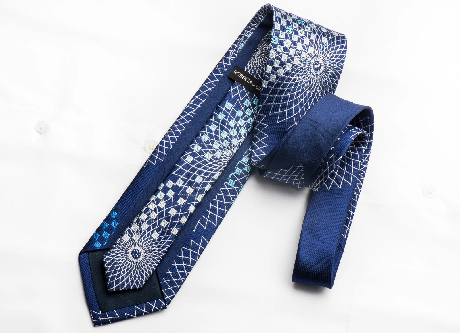 Roberta di Camerino Men's Rhinestone Silk Necktie Silver Geometric On Blue With Saprkles - Image 4