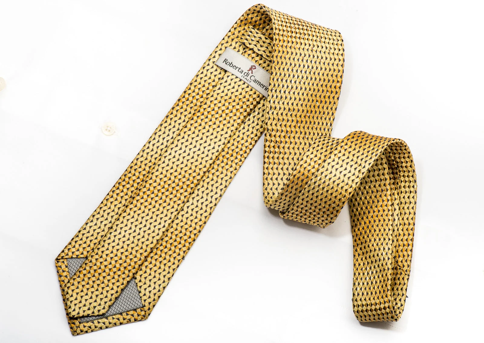 Roberta di Camerino Men's Silk Necktie Yellow Checkered Sparkling With Rhinestones - Image 6