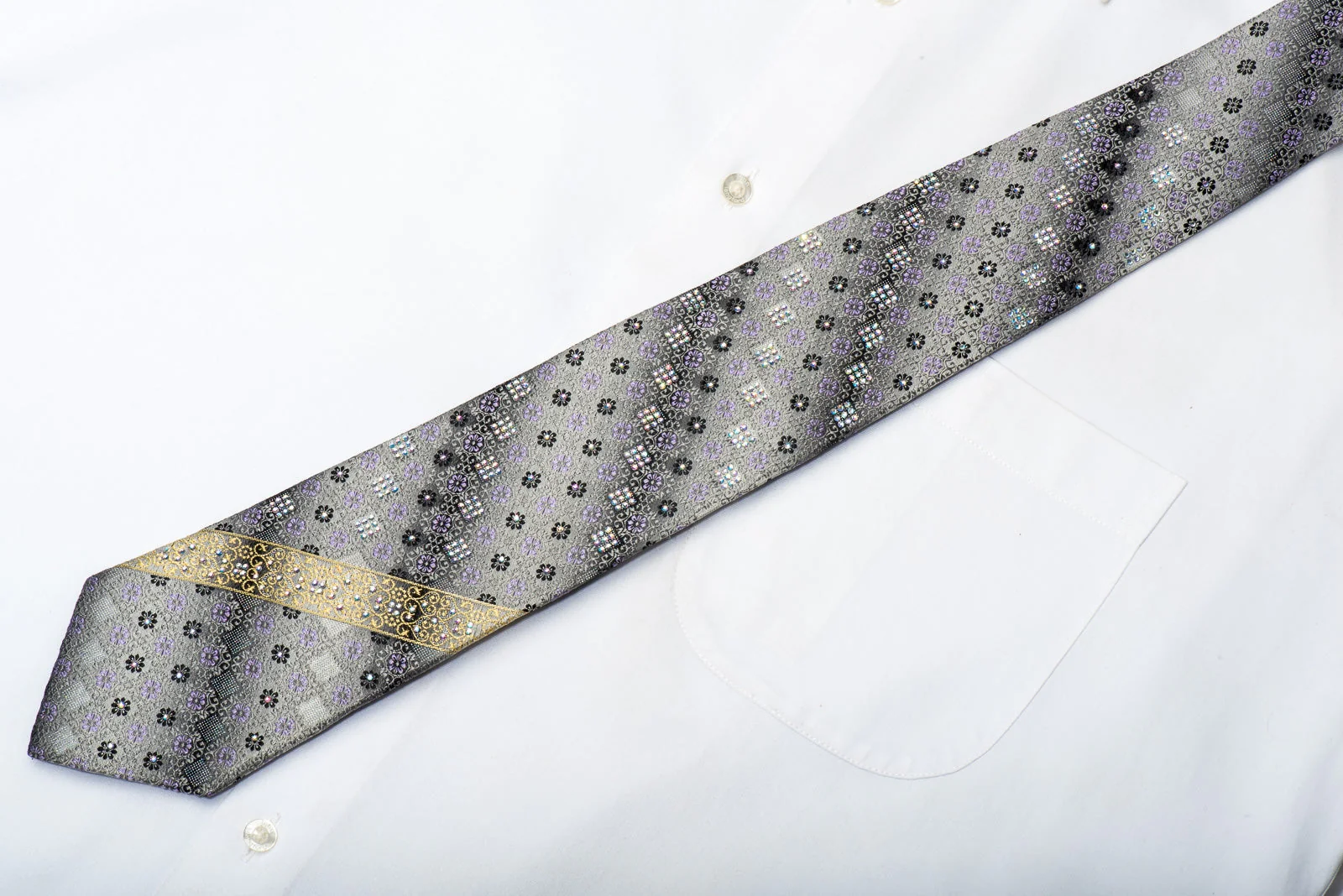 Roberta di Camerino Men's Silk Rhinestone Necktie Cartouche On Silver With Sparkles - Image 4