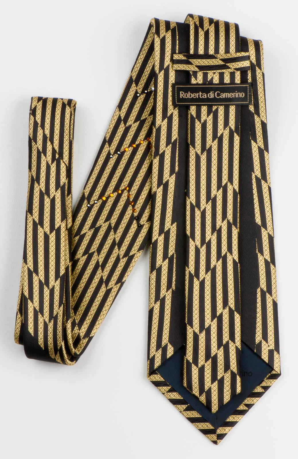 Roberta-di-Camerino Men's Silk Rhinestone Necktie Gold Brown Zig Zag Stripes - Image 5