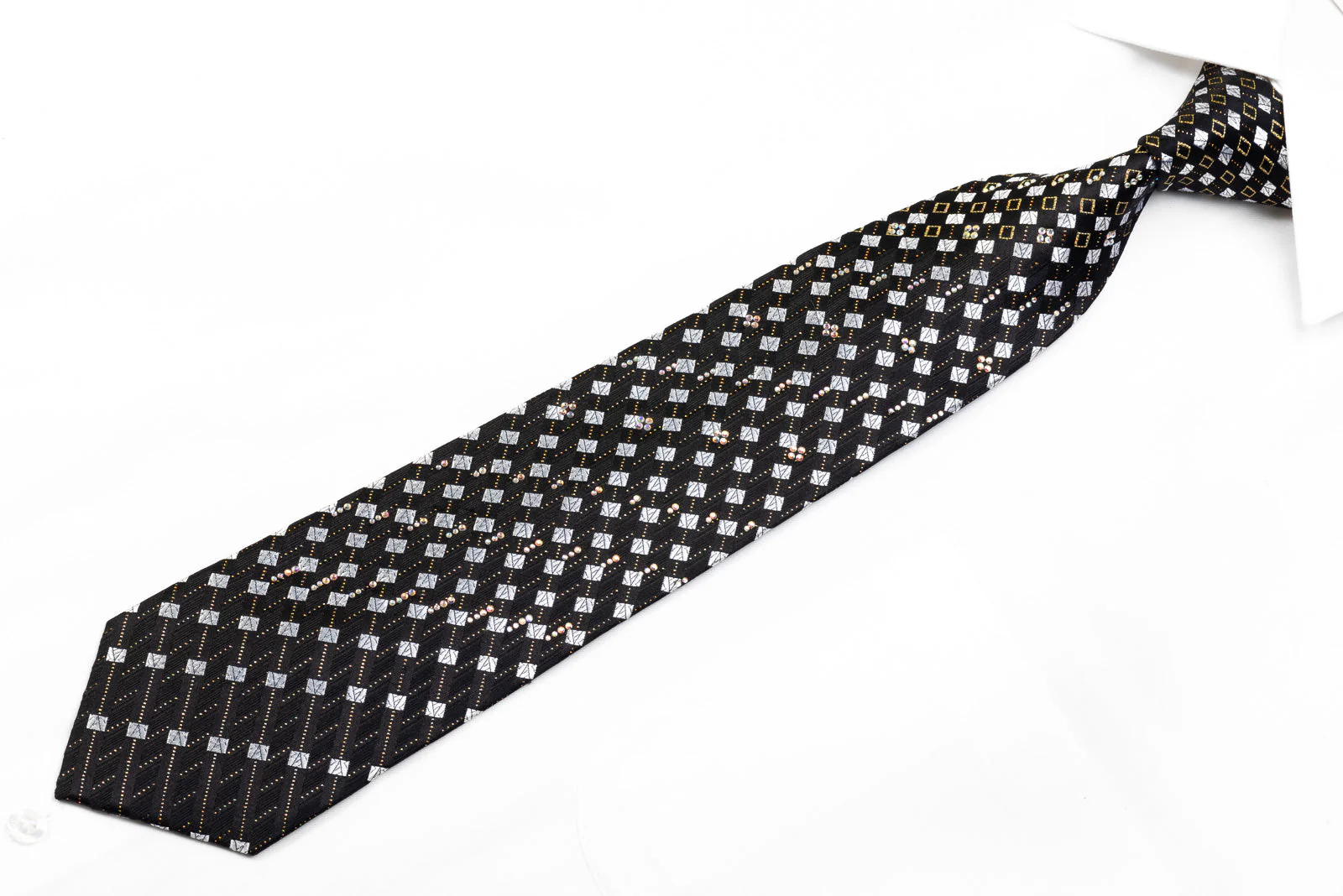 Roberta di Camerino Men's Silk Rhinestone Necktie Silver Geometric Squares On Black - Image 3