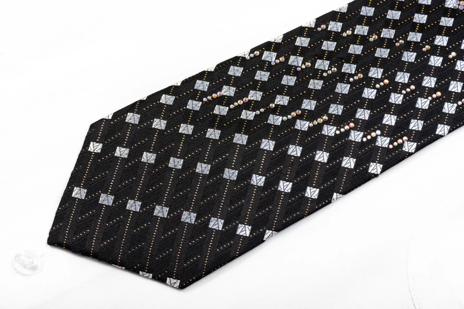 Roberta di Camerino Men's Silk Rhinestone Necktie Silver Geometric Squares On Black - Image 4