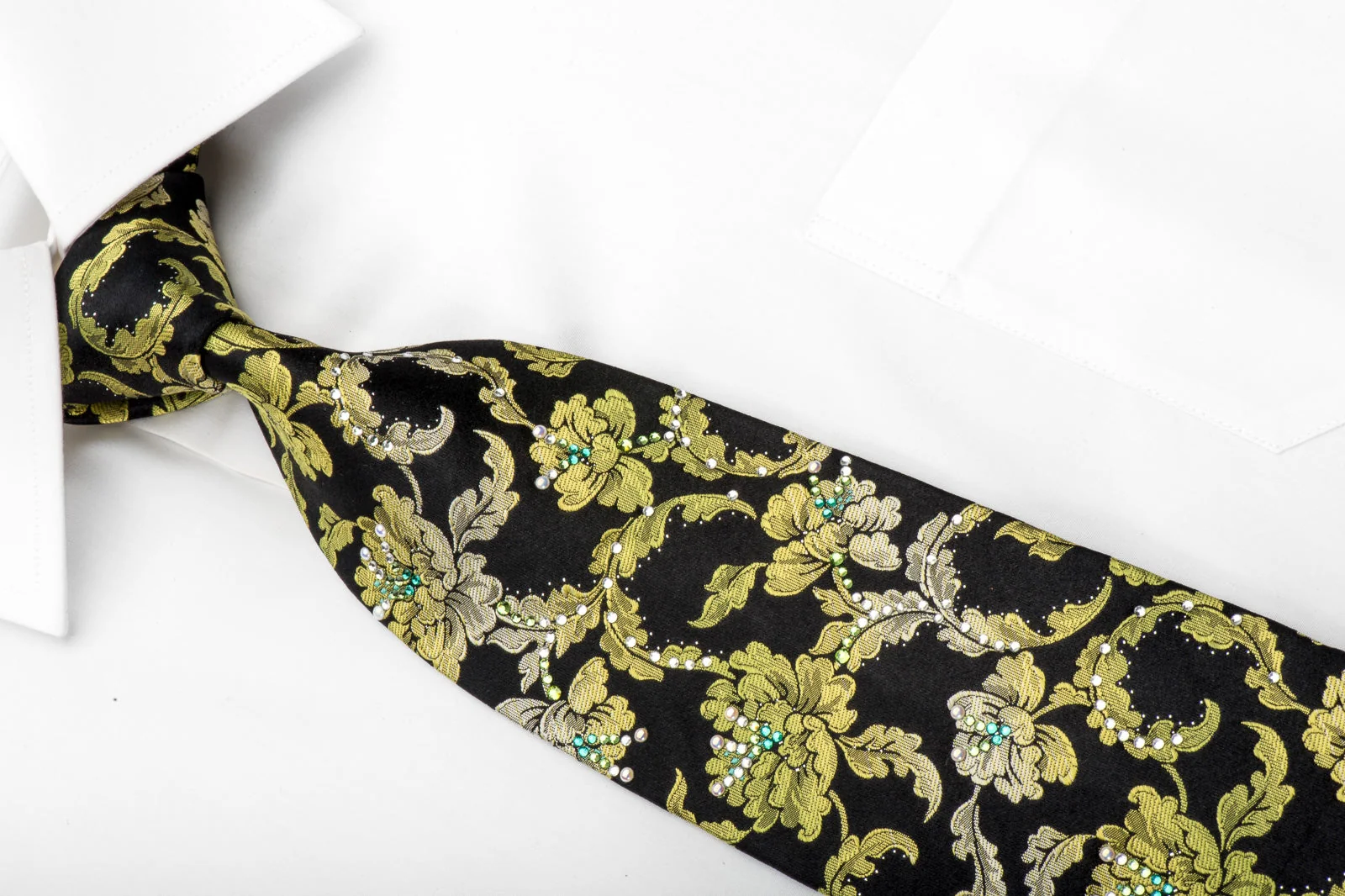 Roberta di Camerino Men's Silk Rhinestone Tie Green Acanthus On Black With Sparkles - Image 2