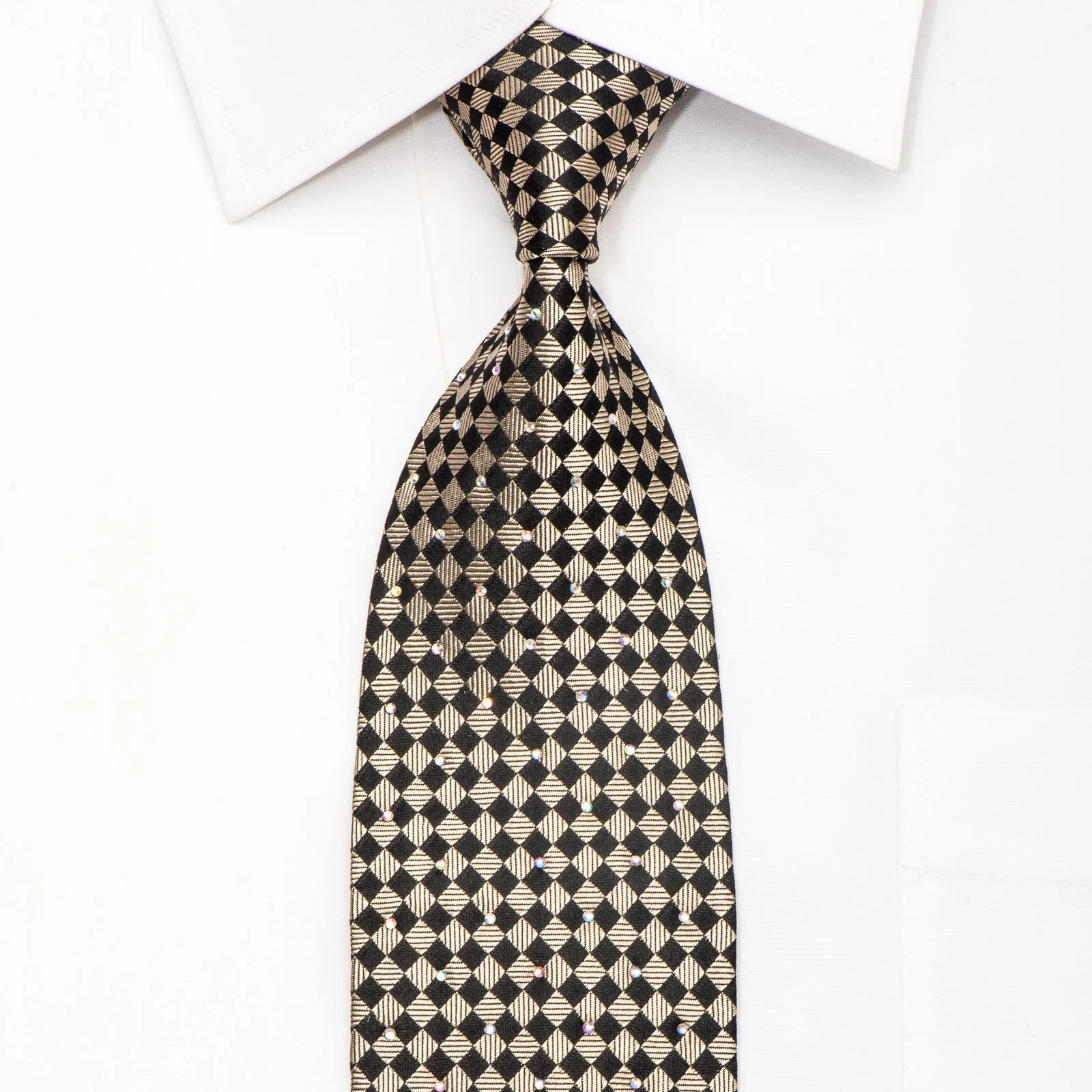 Roberta di Camerino Men's Silk Tie Gold Checkered Sparkling With Rhinestones