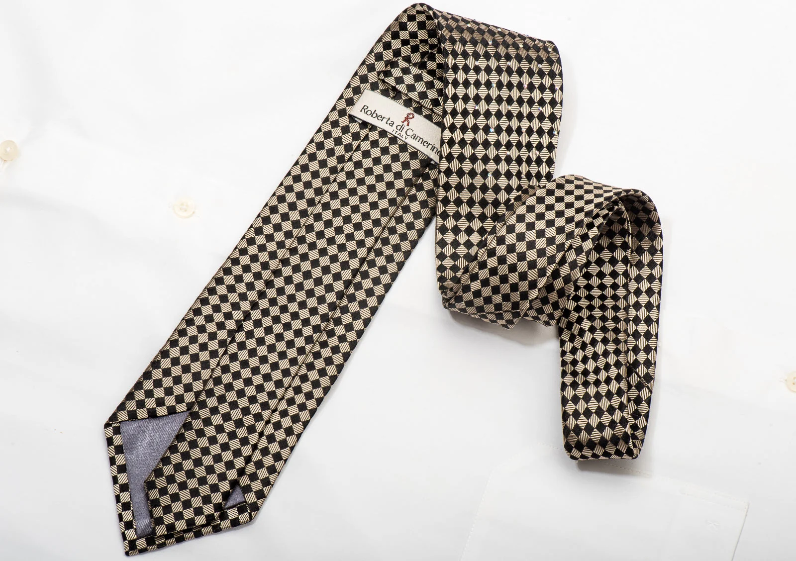 Roberta di Camerino Men's Silk Tie Gold Checkered Sparkling With Rhinestones - Image 5