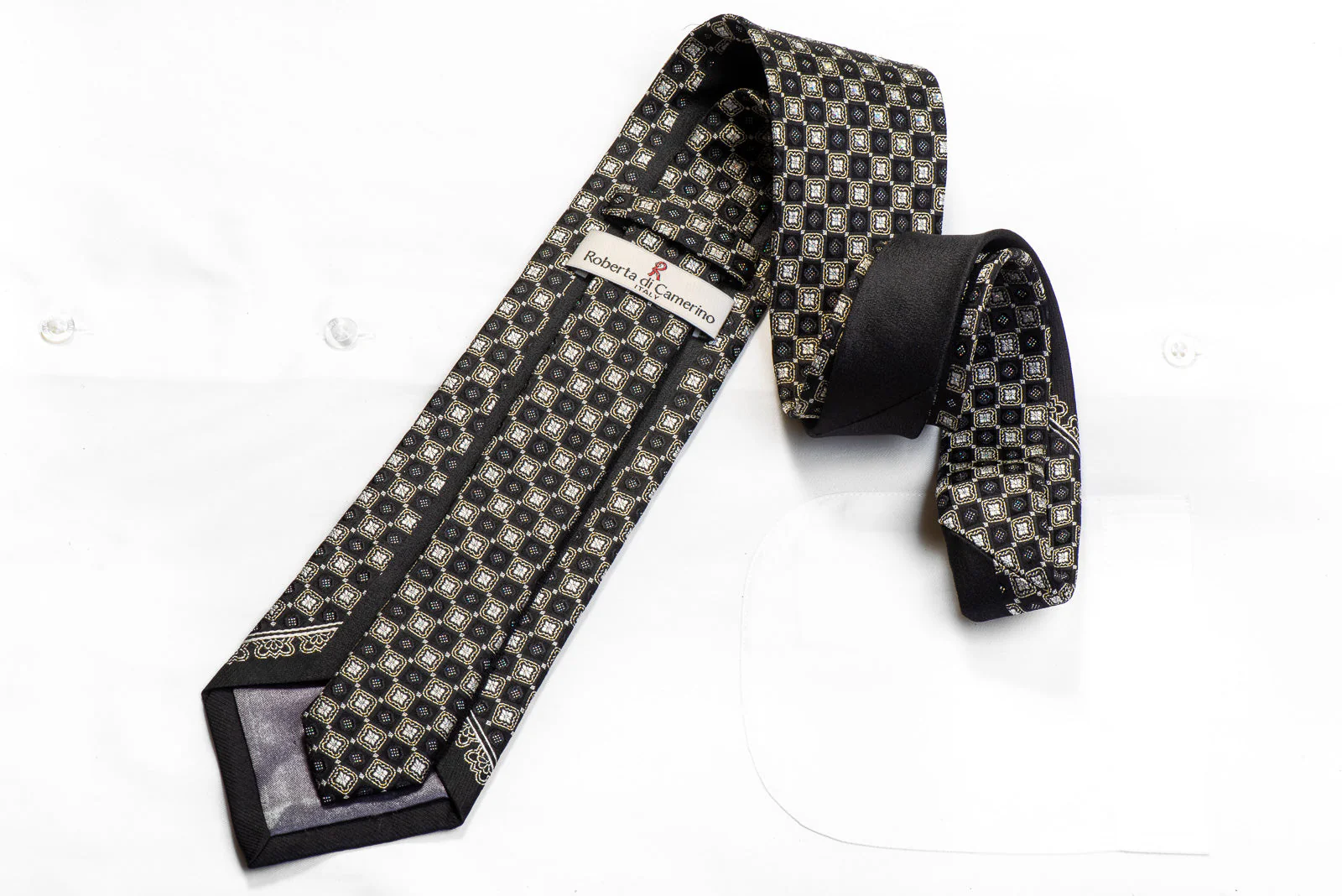 Roberta di Camerino Men's Silk Tie Silver Black Checkered With Silver Sparkles - Image 5