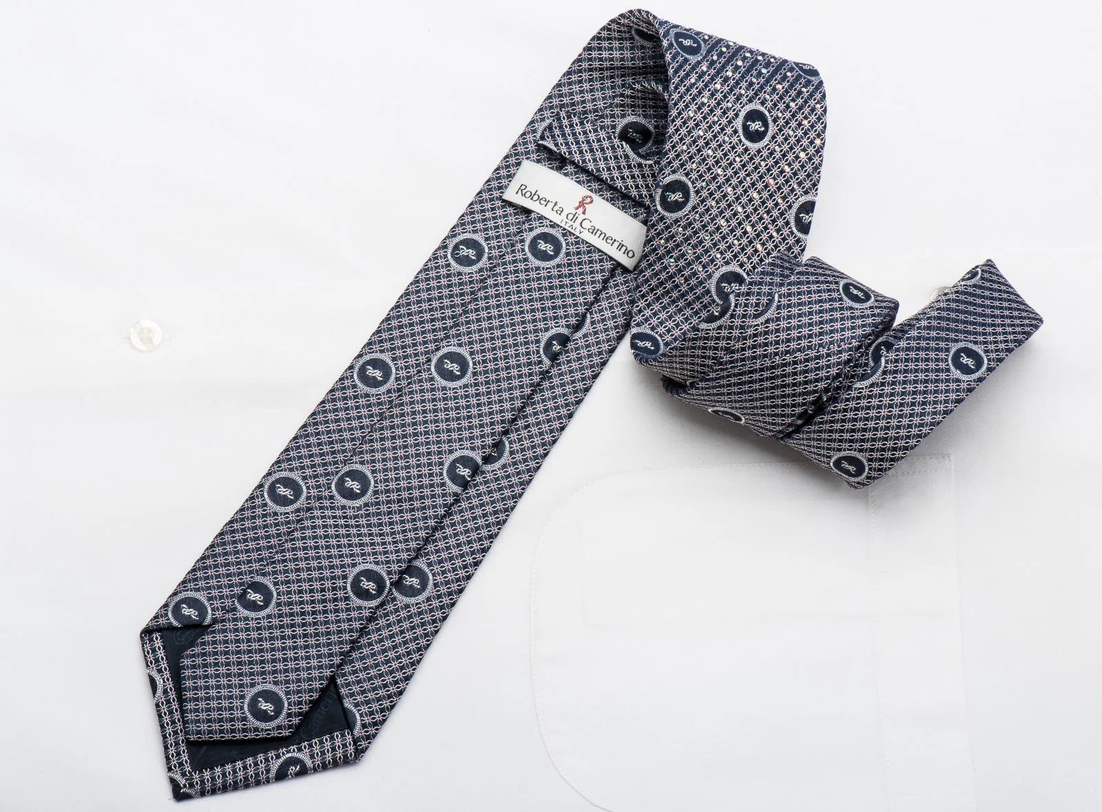 Roberta-di-Camerino Men's Silk Tie Silver Trellis On Navy Sparkling With Rhinestones - Image 6