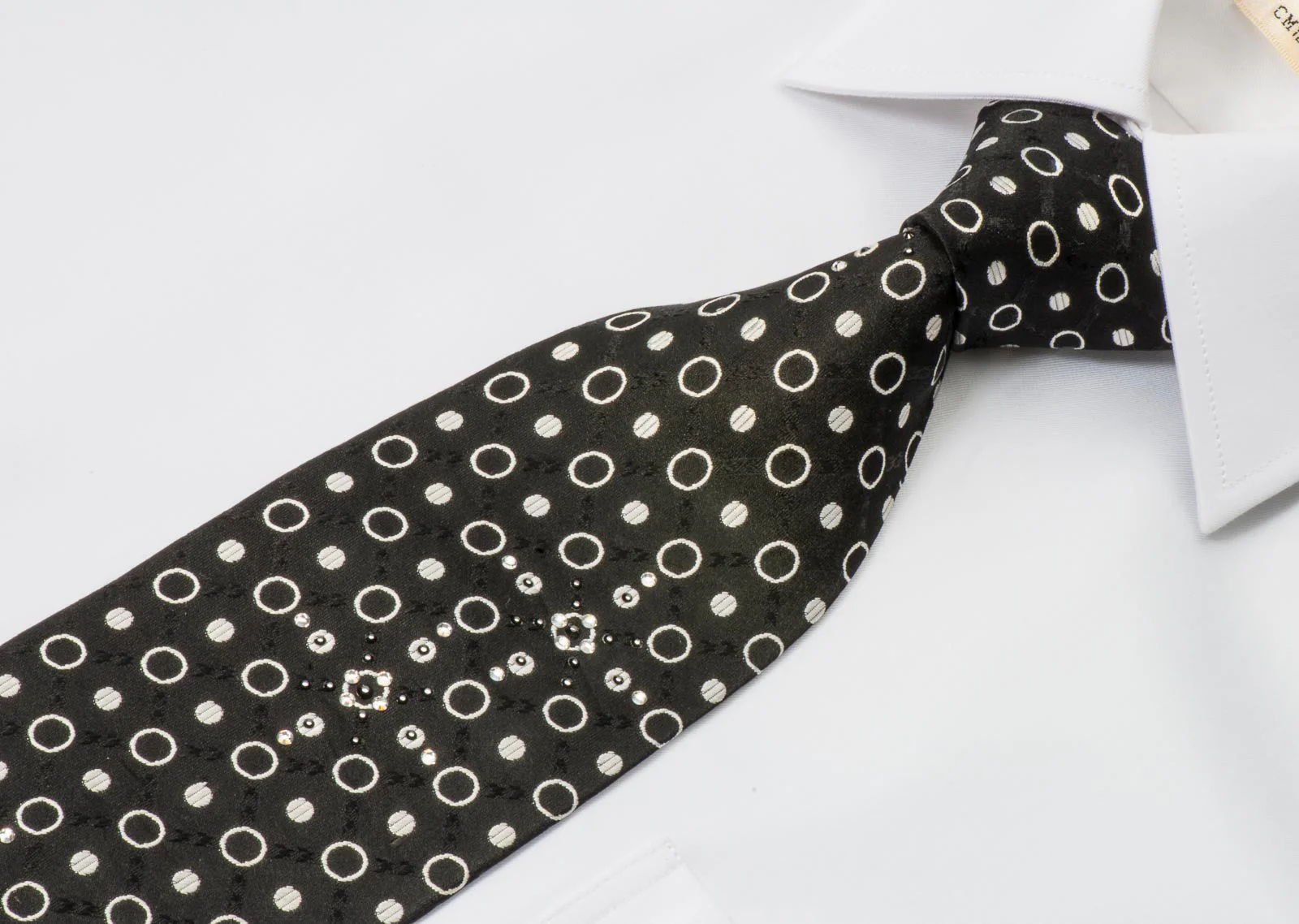Roberta Di Camerino Men's Woven Silk Necktie Silver Dots On Black With Rhinestones
