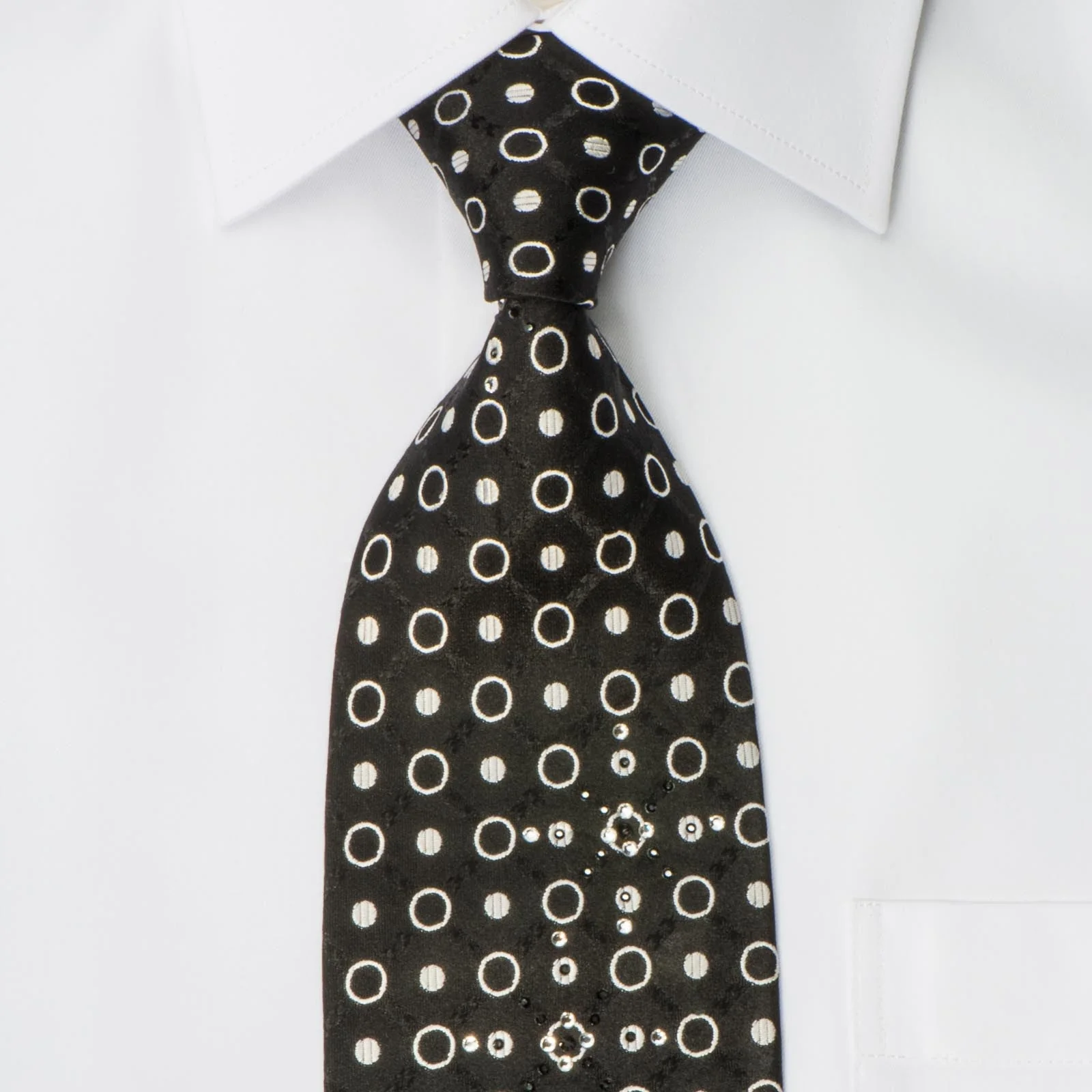 Roberta Di Camerino Men's Woven Silk Necktie Silver Dots On Black With Rhinestones - Image 2