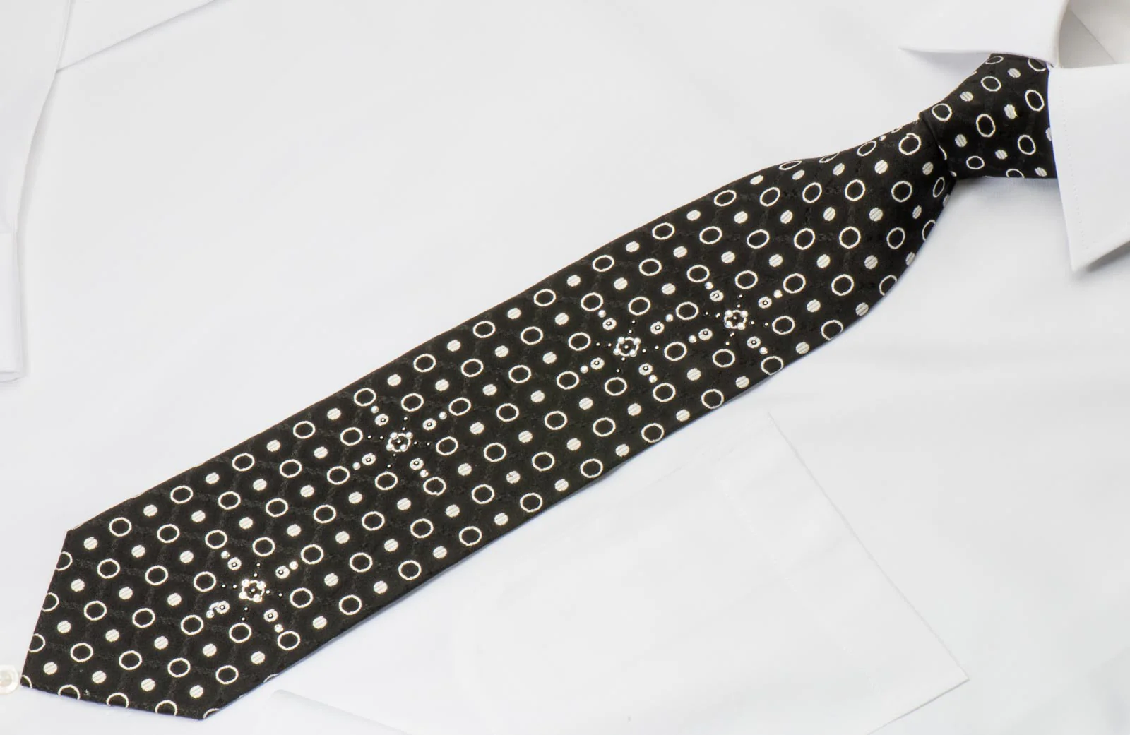 Roberta Di Camerino Men's Woven Silk Necktie Silver Dots On Black With Rhinestones - Image 3